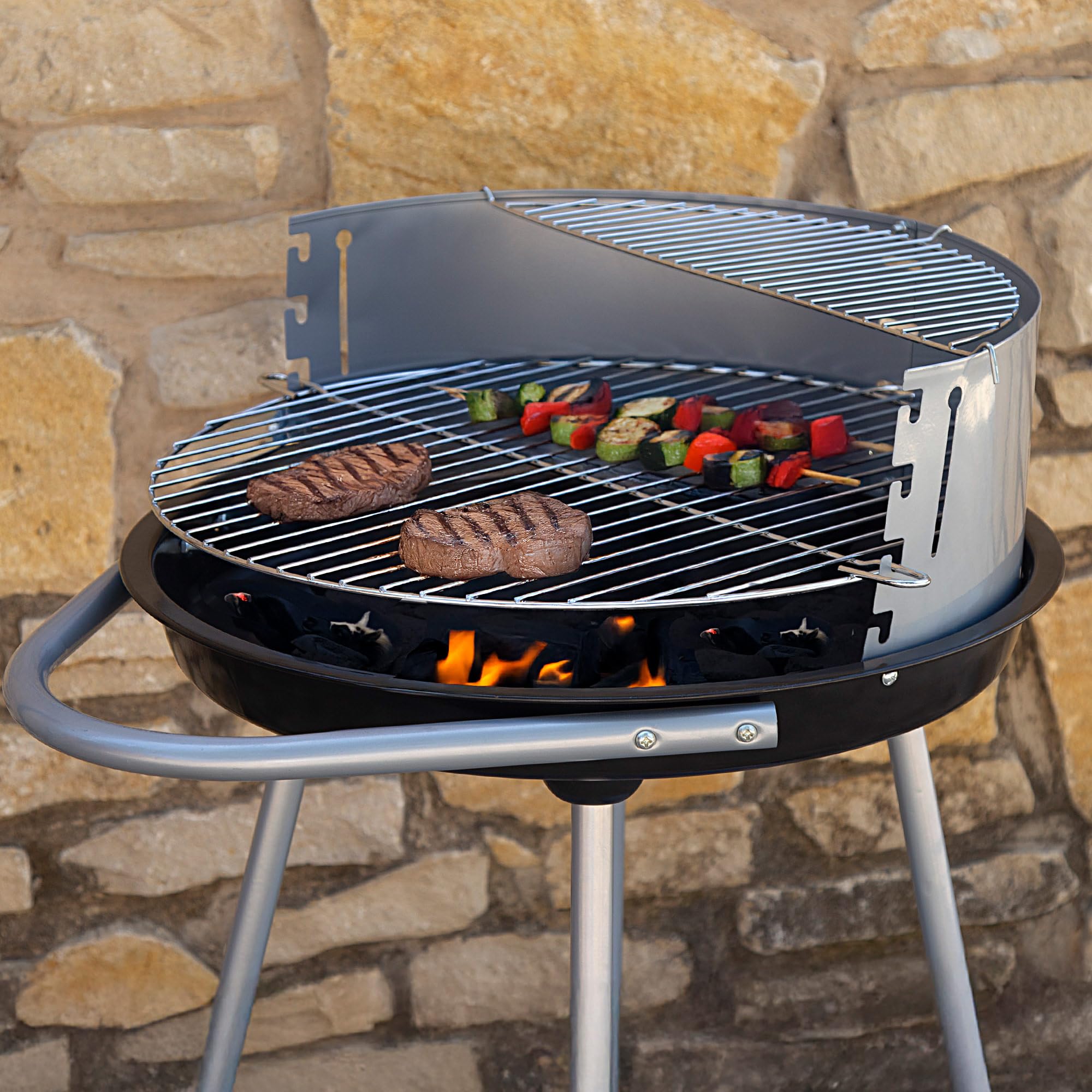 AKTIVE Barbecue rotondo a carbonella Ø51x51x82 cm, Facile da trasportare e portatile, 4 altezze regolabili, Include due griglie in acciaio e due comandi rimovibili