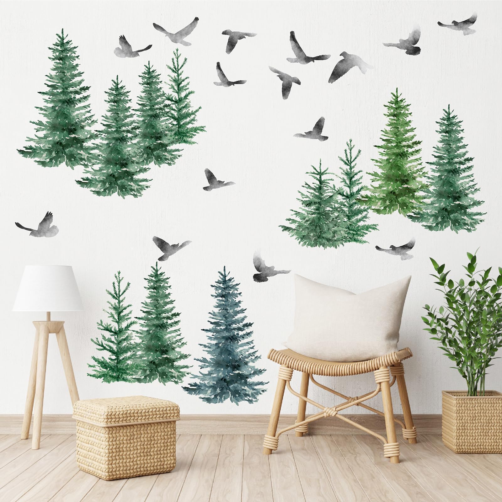 Large Pine Tree Wall Stickers Watercolor Green Tree Flying Bird Wall Stickers Evergreen Tree Removable Woodland Forest Tree Wall Stickers Large Tree Wall Decals for Bedroom Living Room Decor
