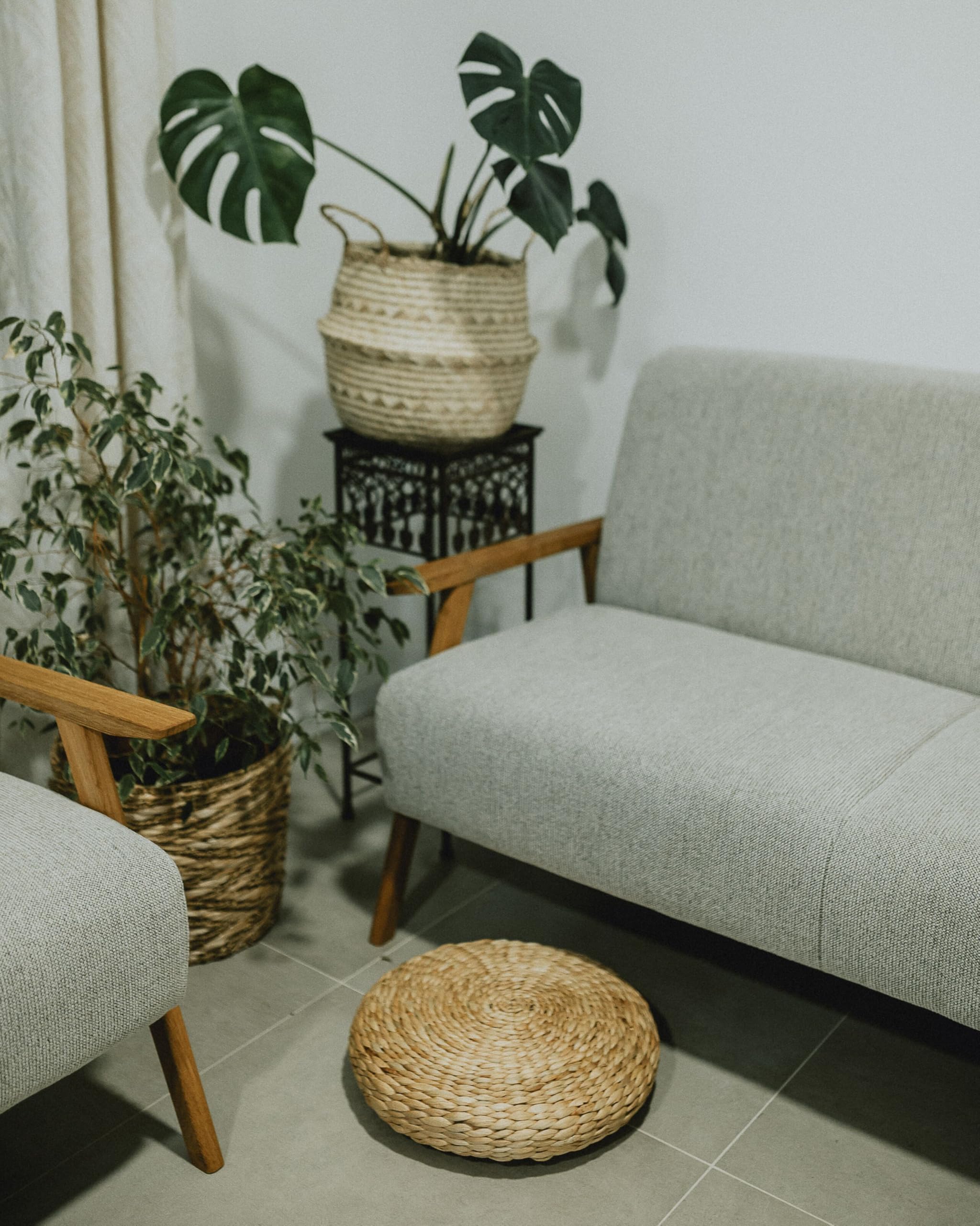 Beliani Cuscino da pavimento giacinto d'acqua naturale 40 x 40 x 10 cm pouf rotondo boho