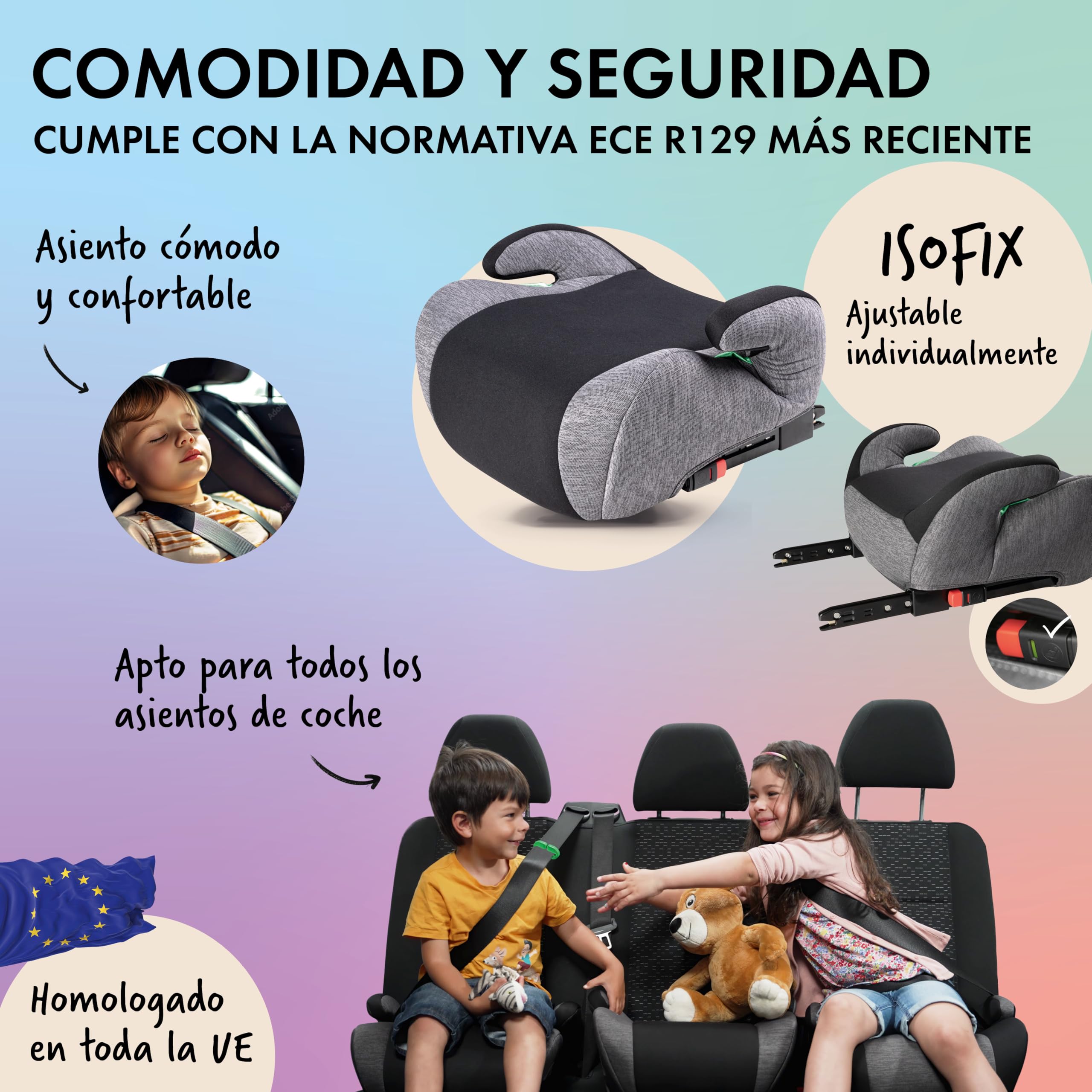 WALSER asiento elevador infantil coche ISOFIX, asiento infantil coche 125-150 cm, plaza elevador niños auto Raffi última norma 2024 ECE R 129 gris/negro