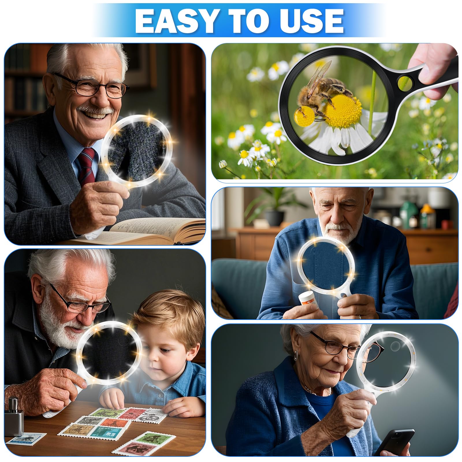 Lupa grande con luces, lupa iluminada de mano de 10 x 25 x 45 x 60 x, lupa de página de 5 pulgadas, lupa para leer impresiones pequeñas y personas mayores con ojos envejecidos