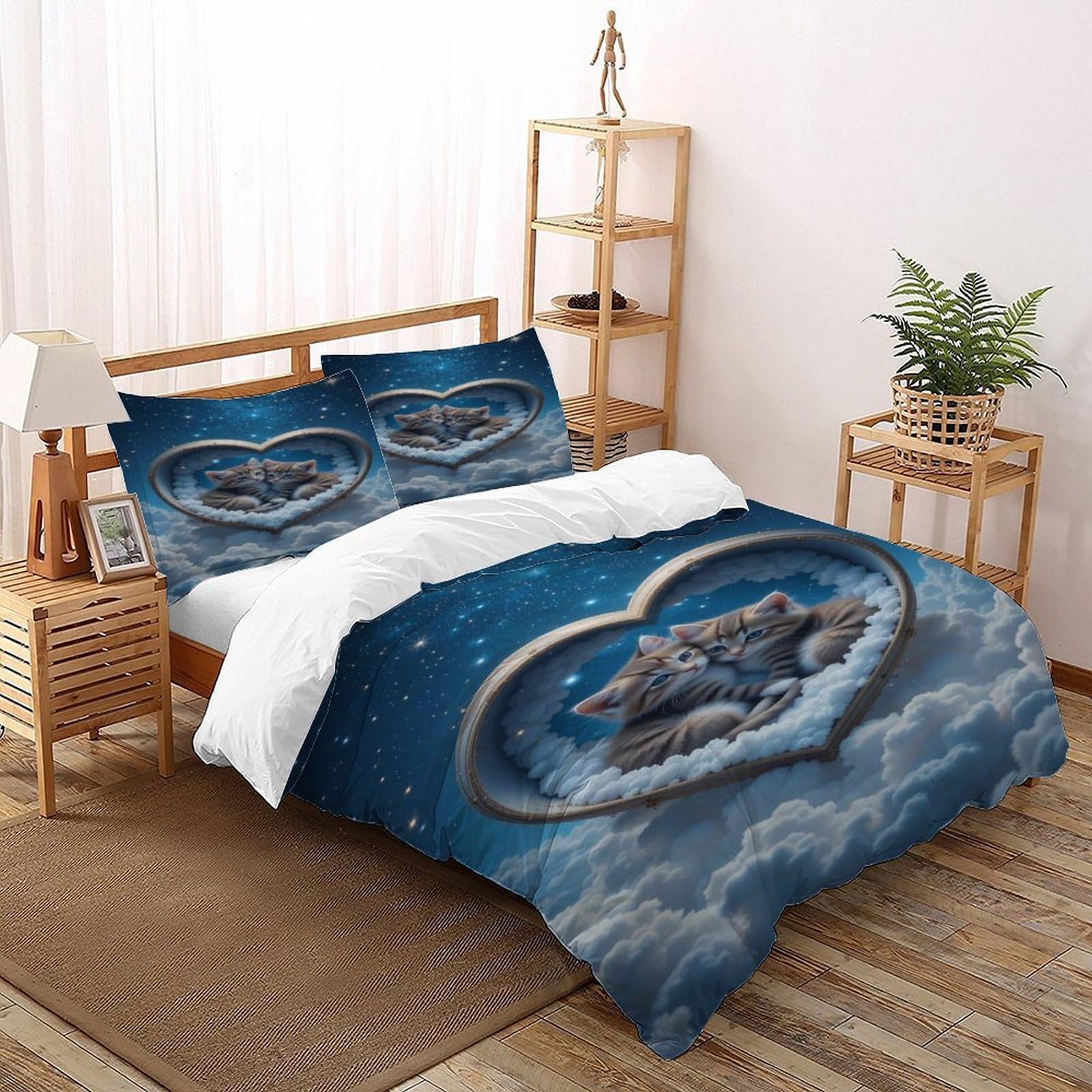 Parure de couette cœurs chatons Super King 260x220cm en microfibre avec 2 taies d'oreiller