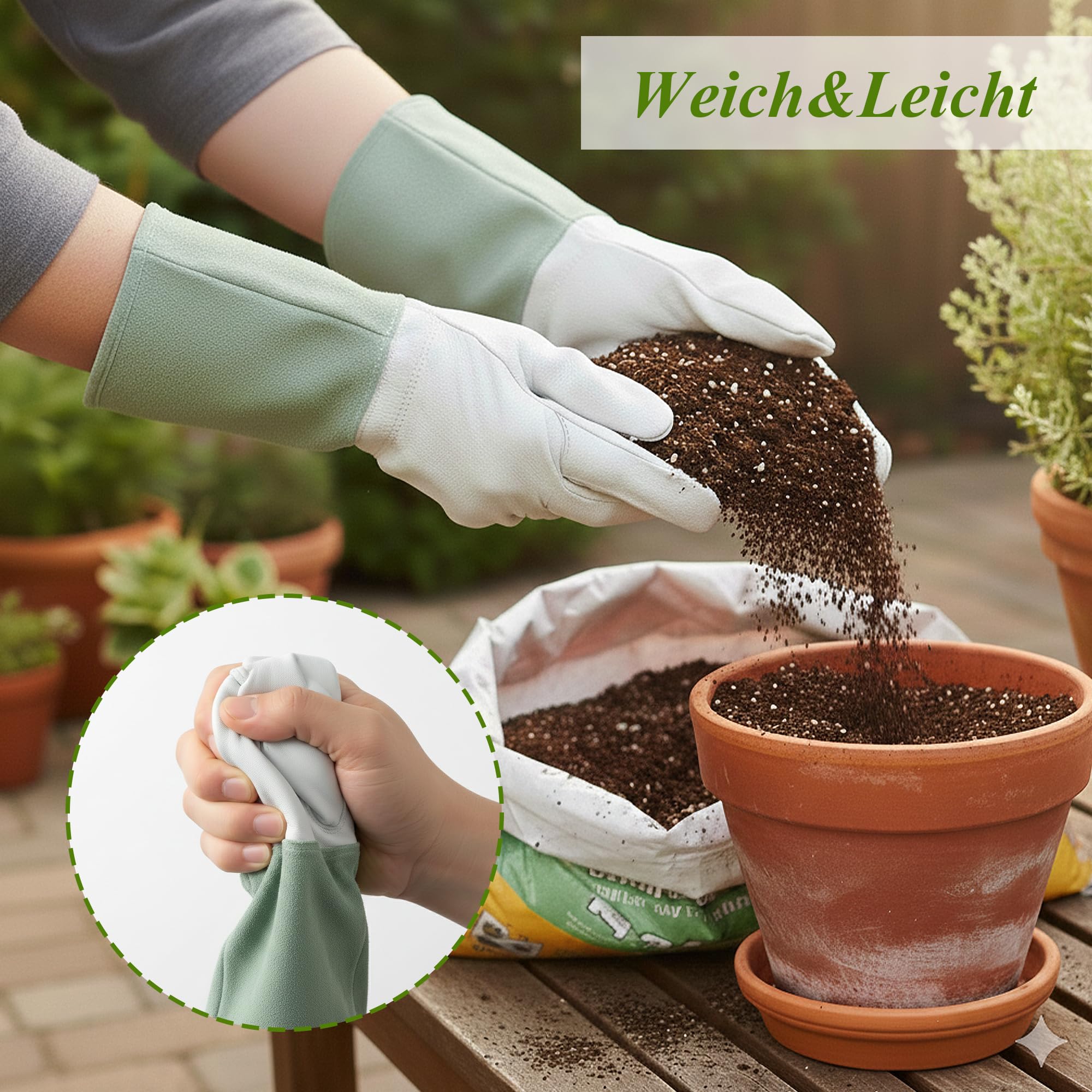 Guantes de jardinería de cuero, resistentes a las espinas, guantes largos de rosas con palma de piel de cabra y puño de piel de vacuno para jardín, rosas, arbustos y árboles frutales (blanco