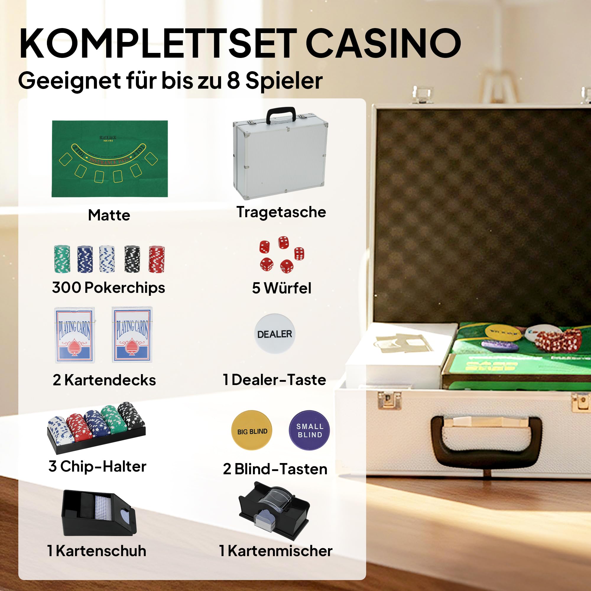 SPORTNOW Pokerkoffer abschließbar Pokerset mit Koffer 300 Chips Karten 5 Würfel Dealer Button Kartendecks, Pokerchips Komplett Set Pokerspiel Kartenspiele Aluminiumkoffer für Texas Hold'em, Blackjack