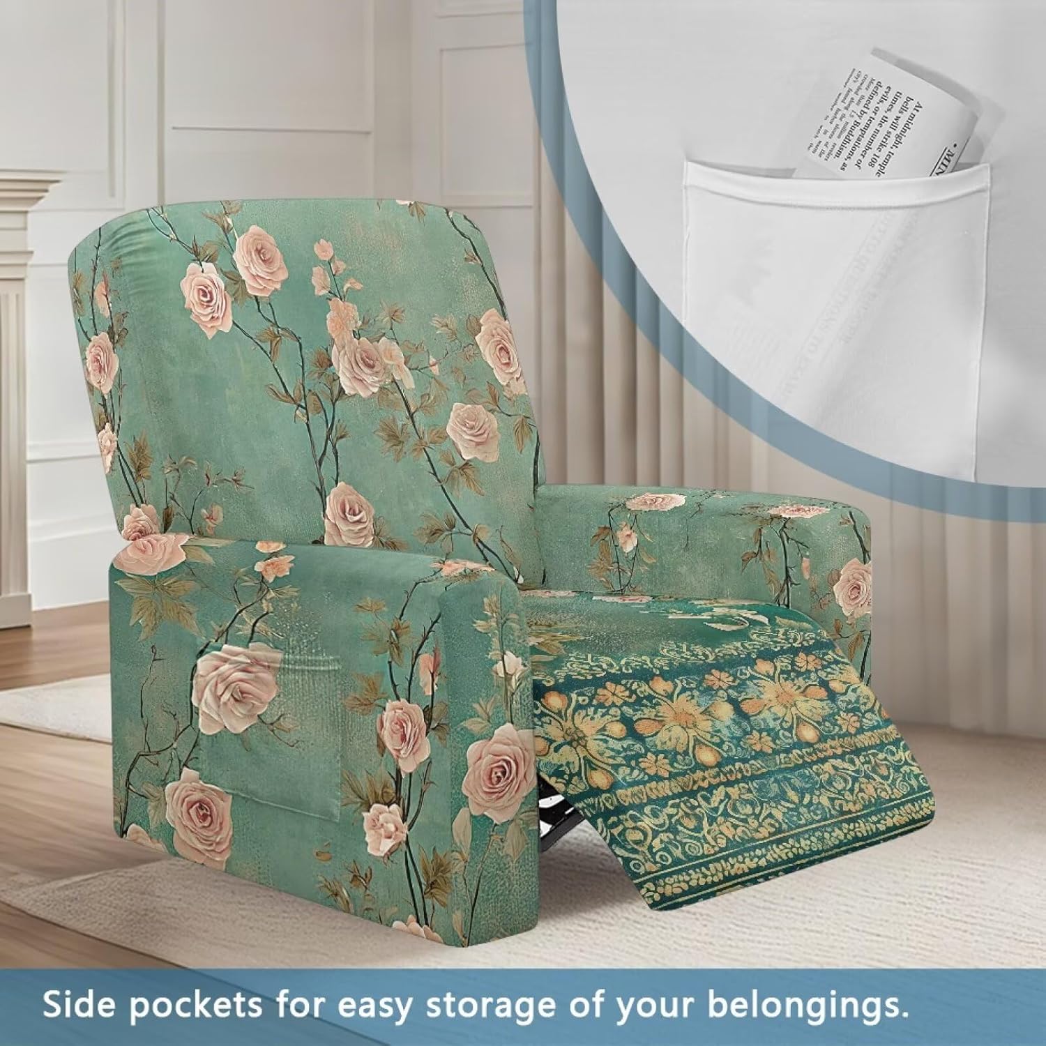 FOR U DESIGNS Floral Green Retro Recliner Covers 4-Piece Set Chew Resistant Furniture Protector Stretchy Sofa Slipcover Stay in Place Washable with Side Pockets