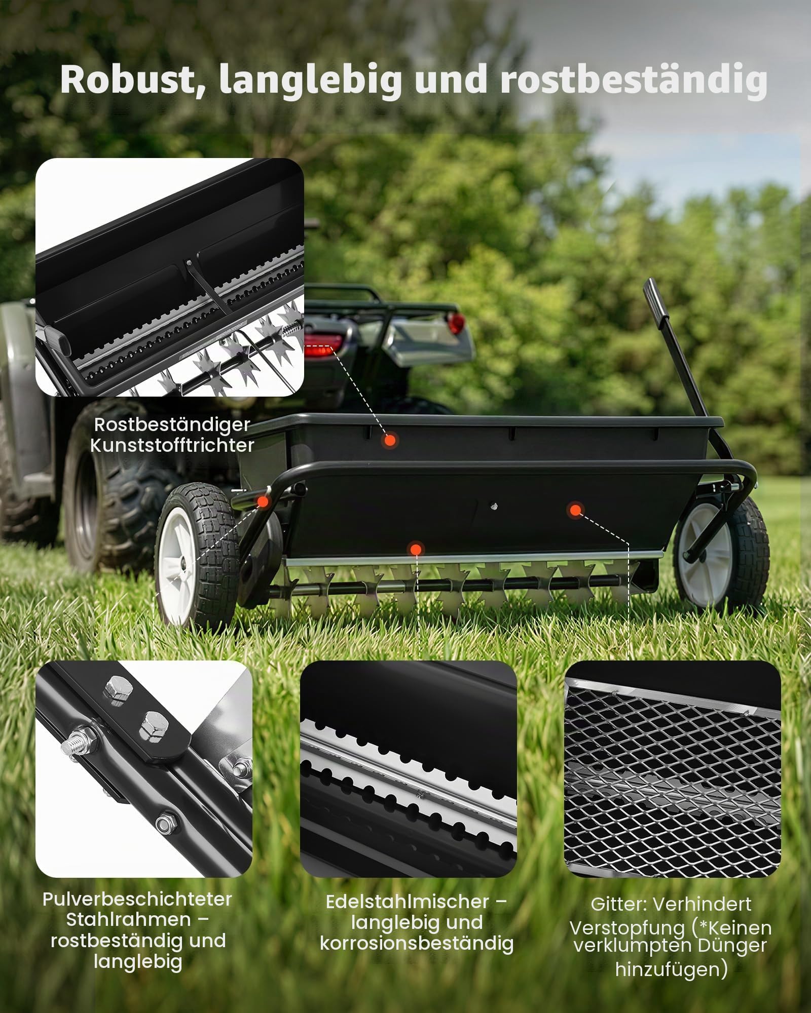 VEVOR Anhänger Rasenlüfter 81 cm Streubreite, Streuwagen mit Universalkupplung, Gartensämaschine & Bodenbelüfter mit 45 kg Kapazität & 10 Zoll Rädern, Vertikutierer für ATVs & UTVs