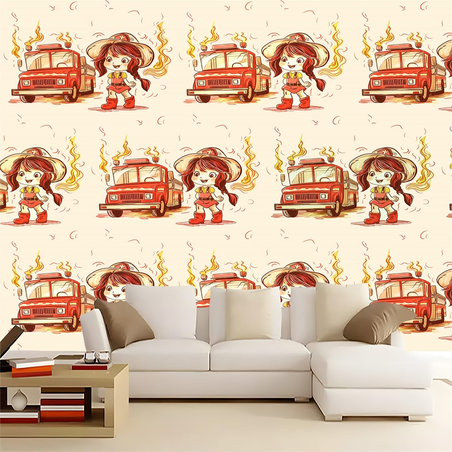 Tapeta z włókniny, motyw z kreskówki, mały strażak, 300 x 210 cm, kremowa, wodoodporna tapeta, tapeta do salonu, pokoju dziecięcego, sypialni