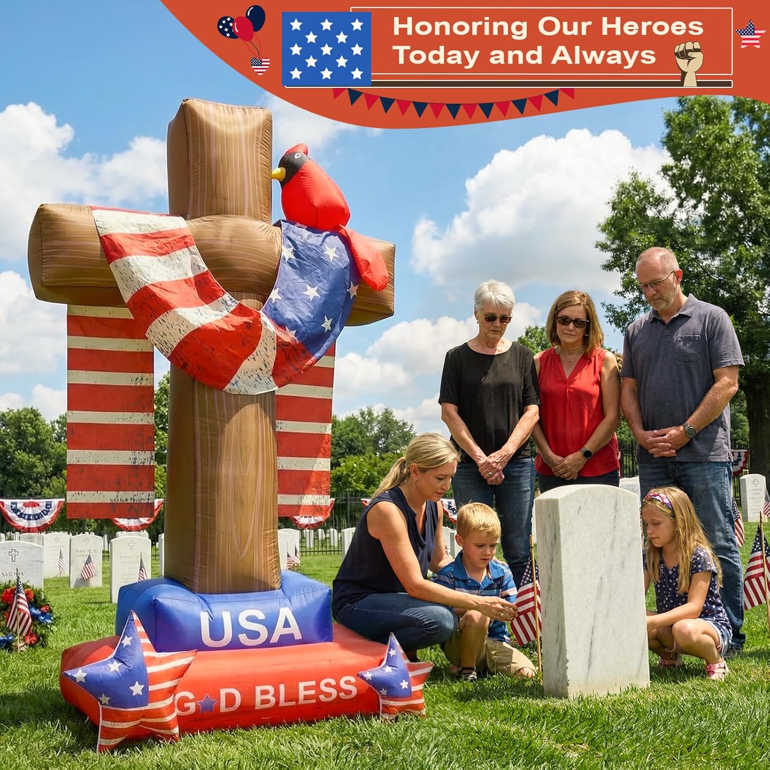 OurWarm 8 FT 4th of July Inflatables Outdoor, Vintage Patriotic Inflatables Cross with Cardinal American Flag & Stars, Fourth of July Inflatable with LEDs for Yard Lawn 4th of July Decorations Outdoor