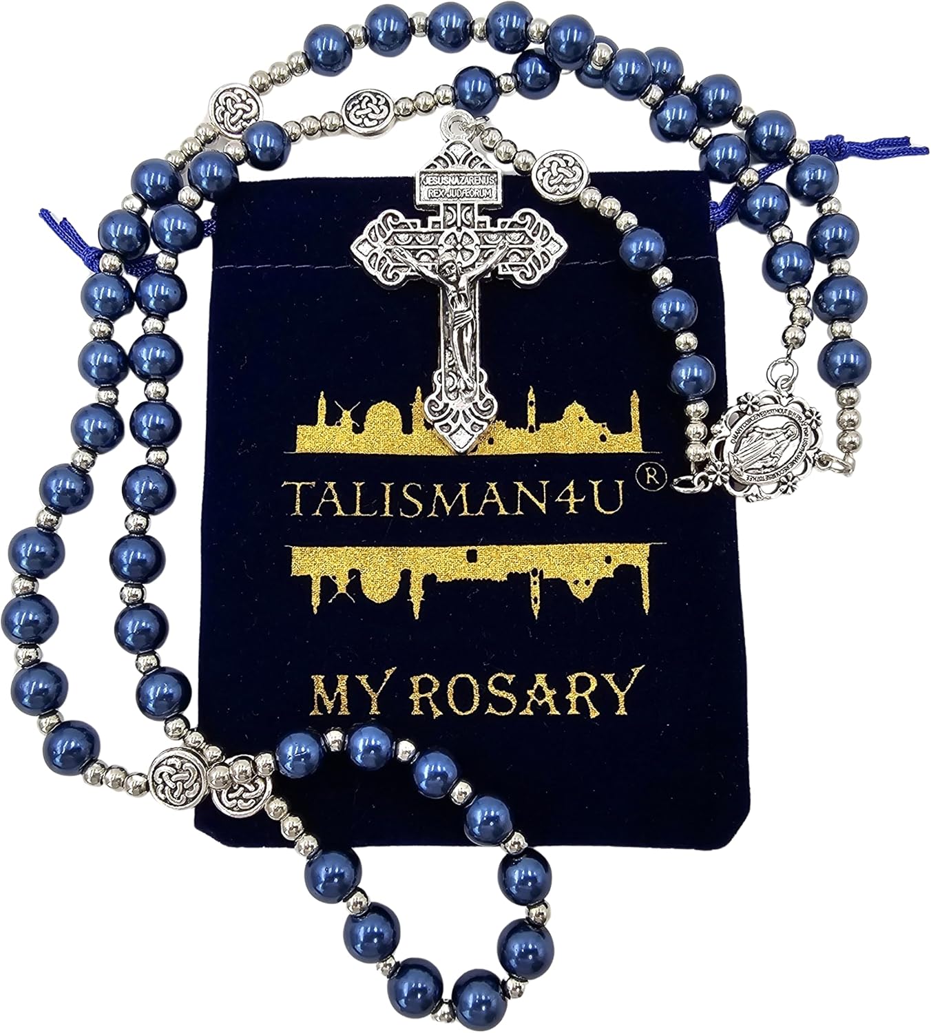 8mm Glass Pearl Rosary Beads Catholic Necklace for Women Pardon Cross Crucifix Our Lady of Grace Medal Rosaries for Men Religious Gift Pouch & Prayer Card