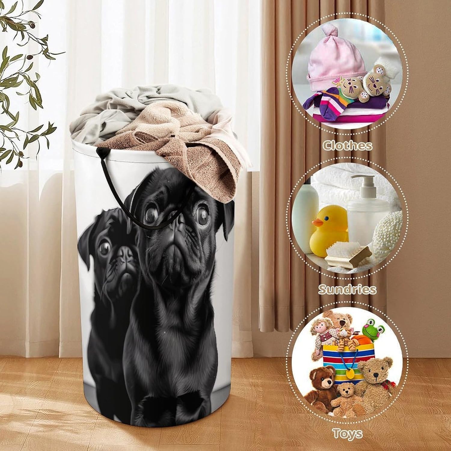 Cute Black Pug Dog Laundry Hamper with Handles Waterproof Collapsible Laundry Basket Large Lightweight Round Dirty Clothes Hamper for Home Dorm Bathroom Decor