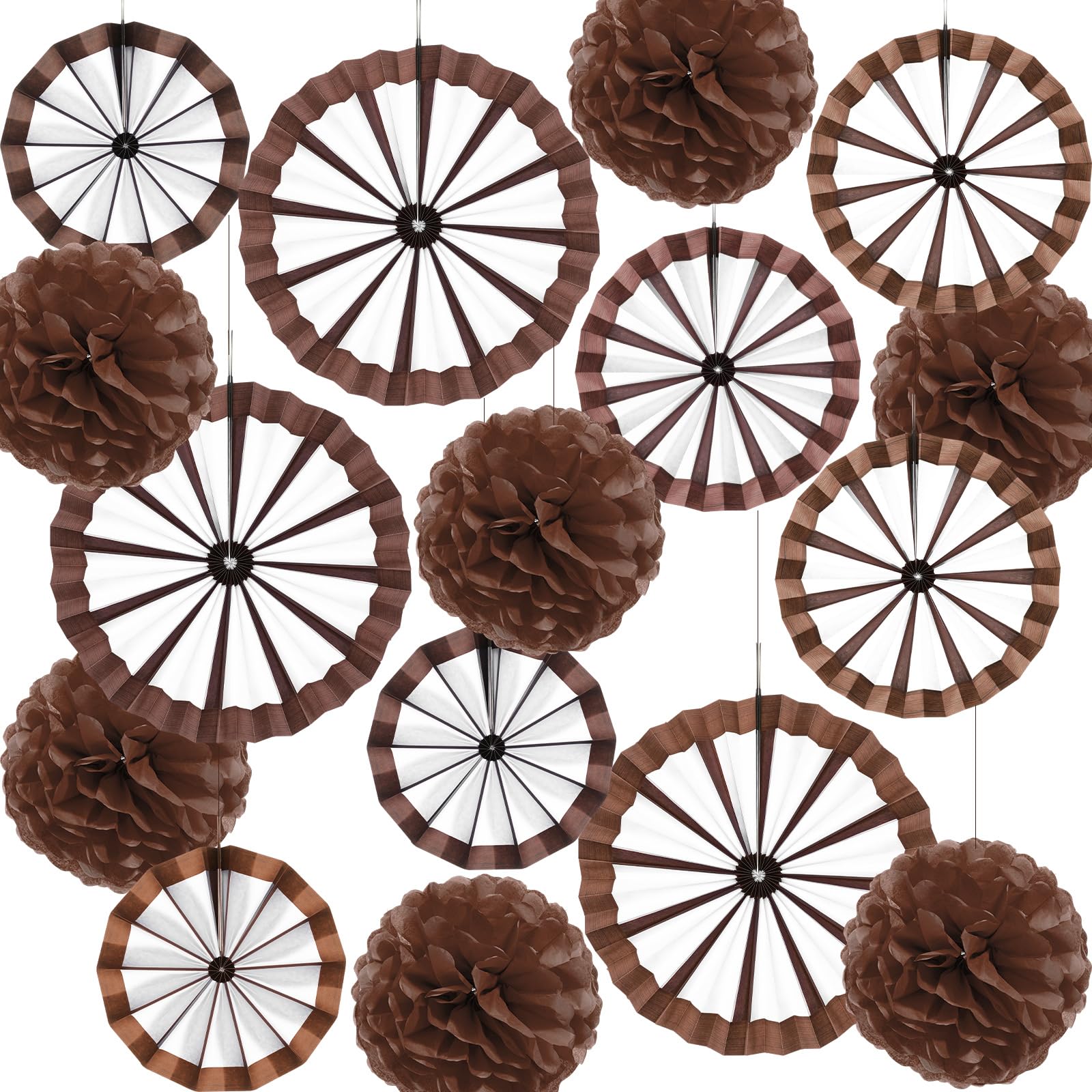 Outus 21 Pcs Western Party Hanging Decoration Wagon Wheel Paper Fans Brown Paper Pom Poms Country Western Hanging Fans Tissue Flower for Wild Cowboy Themed Birthday Party Supplies Decor