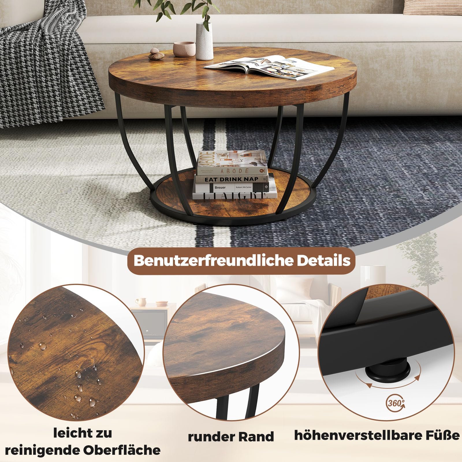 COSTWAY Couchtisch rund, Sofatisch Holz mit 2 Ebenen & Metallrahmen, Wohnzimmertisch Kafeetisch 80 cm D für Wohnzimmer, Empfangsraum, Büro (Rustikales Braun)