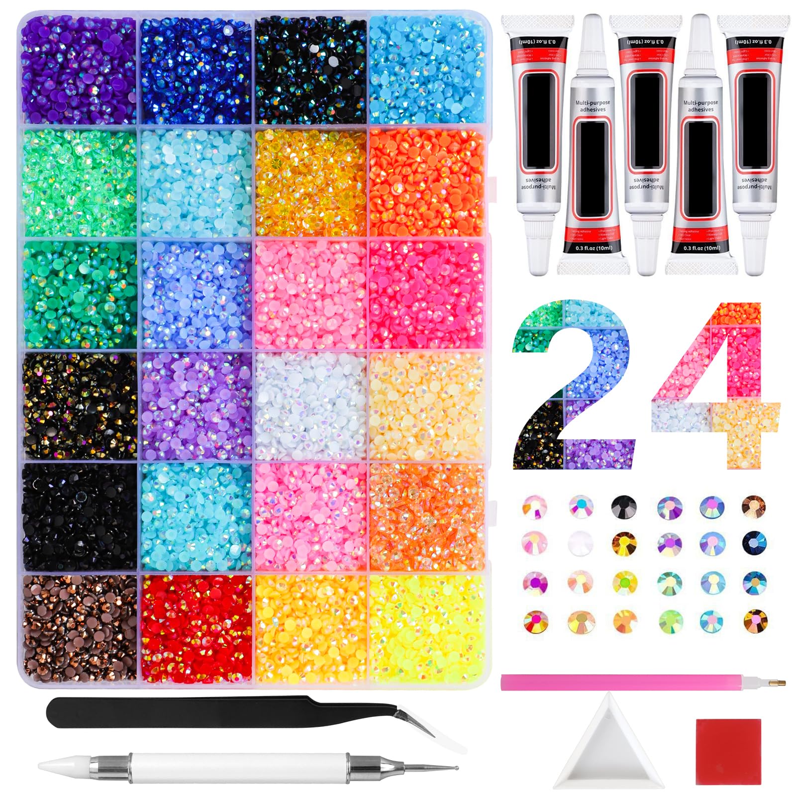 24000pcs 24 Colours 3mm Rhinestones Bedazzling Kit with Glue for Crafting