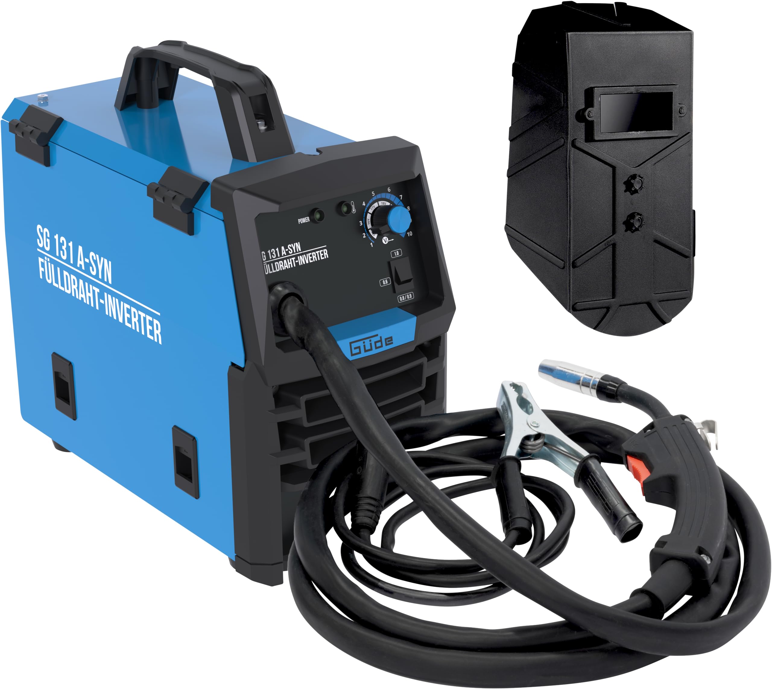 Güde Spawarka do drutu napełniającego SG 131 A-SYN (230 V, technologia inwerterowa, do drutu 9 mm, maks. natężenie prądu 120 A, w zestawie osłona spawalnicza, pakiet węży, drut wypełniający, młotek