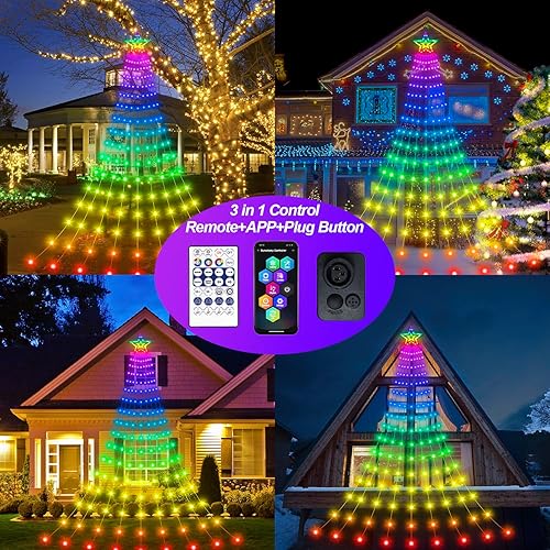 Miniatura 2 de Luces inteligentes de decoración de Navidad con estrella de 11.48 pies, 350 luces LED para árbol de cascada con temporizador remoto, luces que