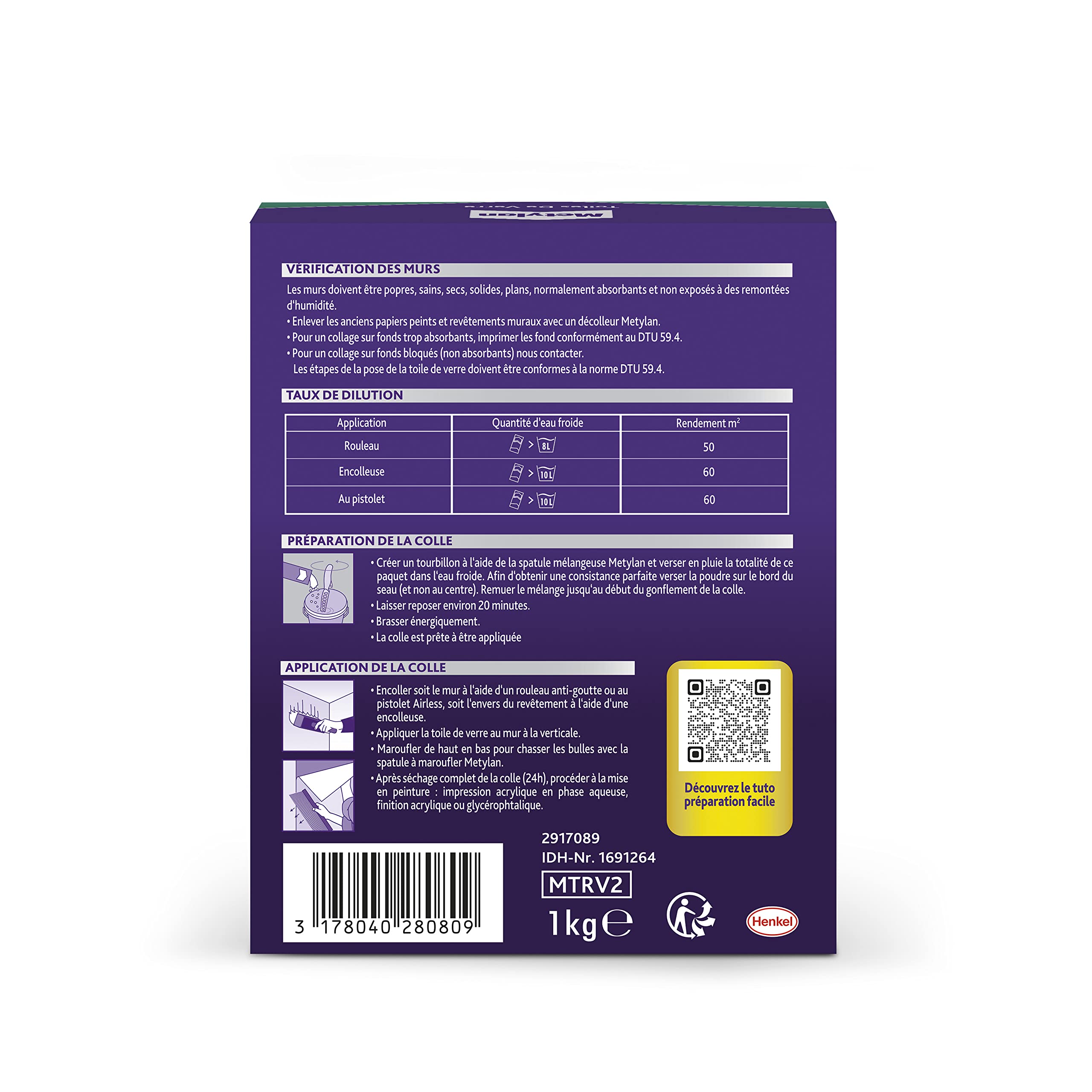 METYLAN Ovalit TDV, Colle papiers peints pour toile de verre, voile de verre et intissés - Colle pour revêtement à peindre à diluer -Paquet de 1kg (50m²)