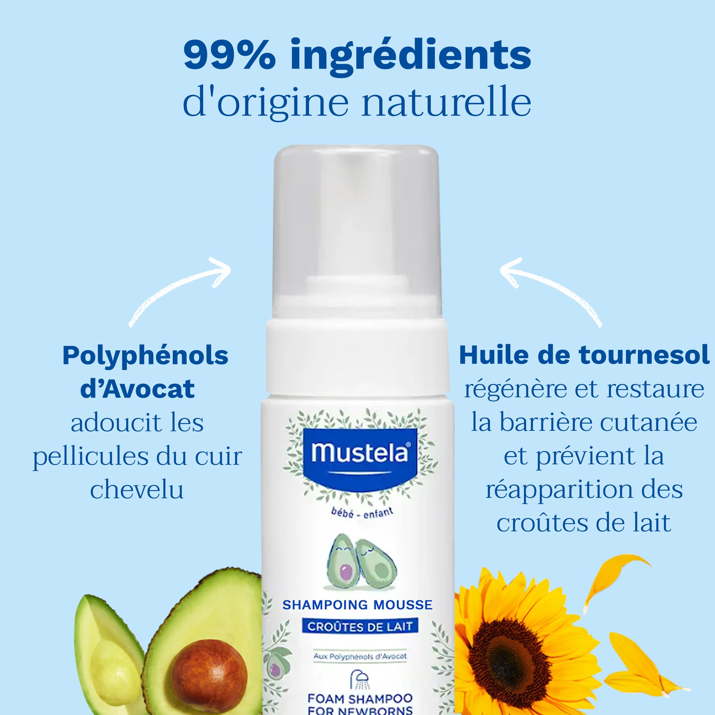 Mustela - Shampoing Mousse Nourrisson - Nettoyage Doux - Aide à Éliminer les Croûtes de Lait et Limite leur Réapparition - 99% d'ingrédients d'origine naturelle - sans Parfum - Soin pour Bébé