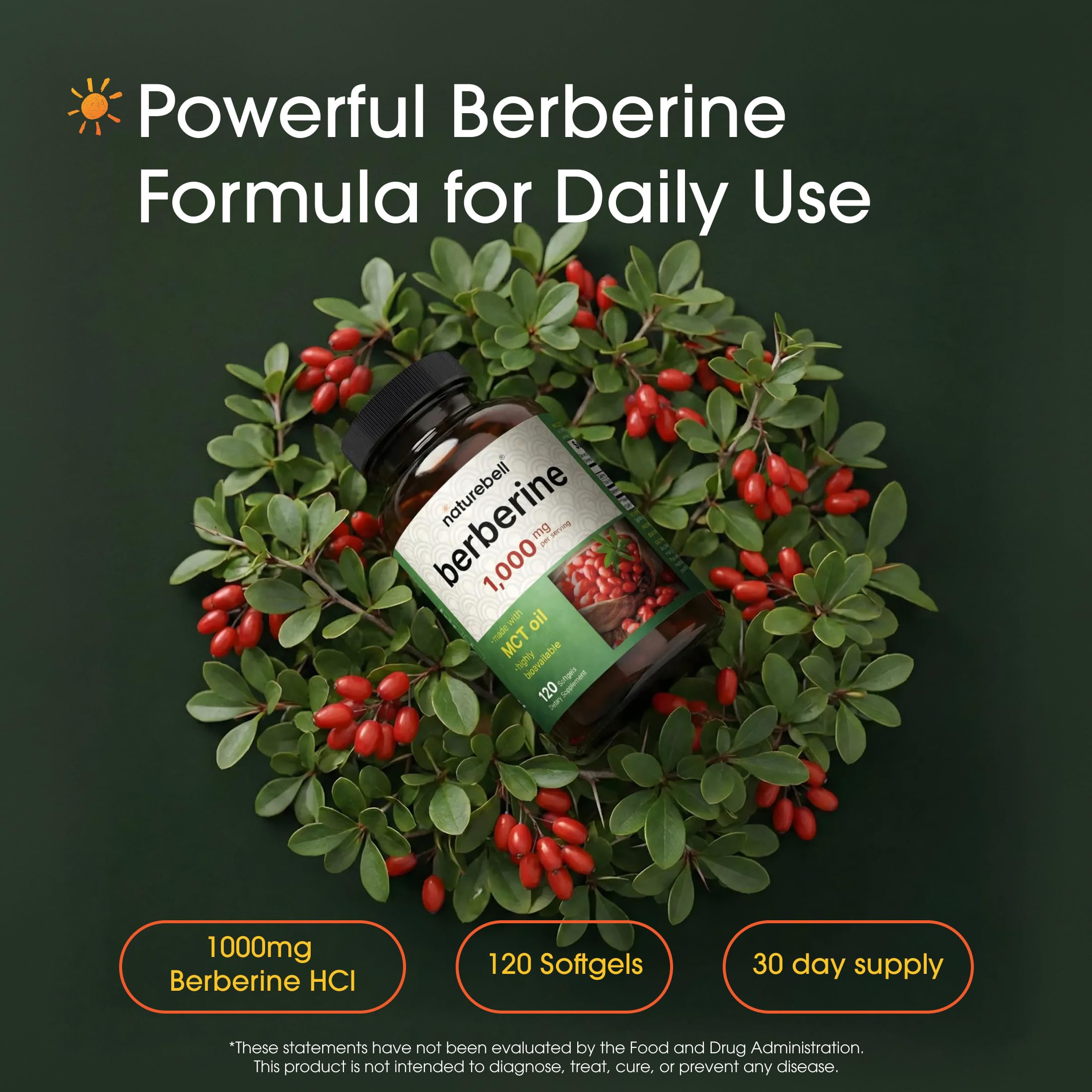 NatureBell Berberine 1,000mg - 120 Softgels - Antioxidant, Alkaloid & Adaptogenic Support* - Made with MCT Oil - Gluten-Free, Dairy-Free, Soy-Free — Amazon image 2