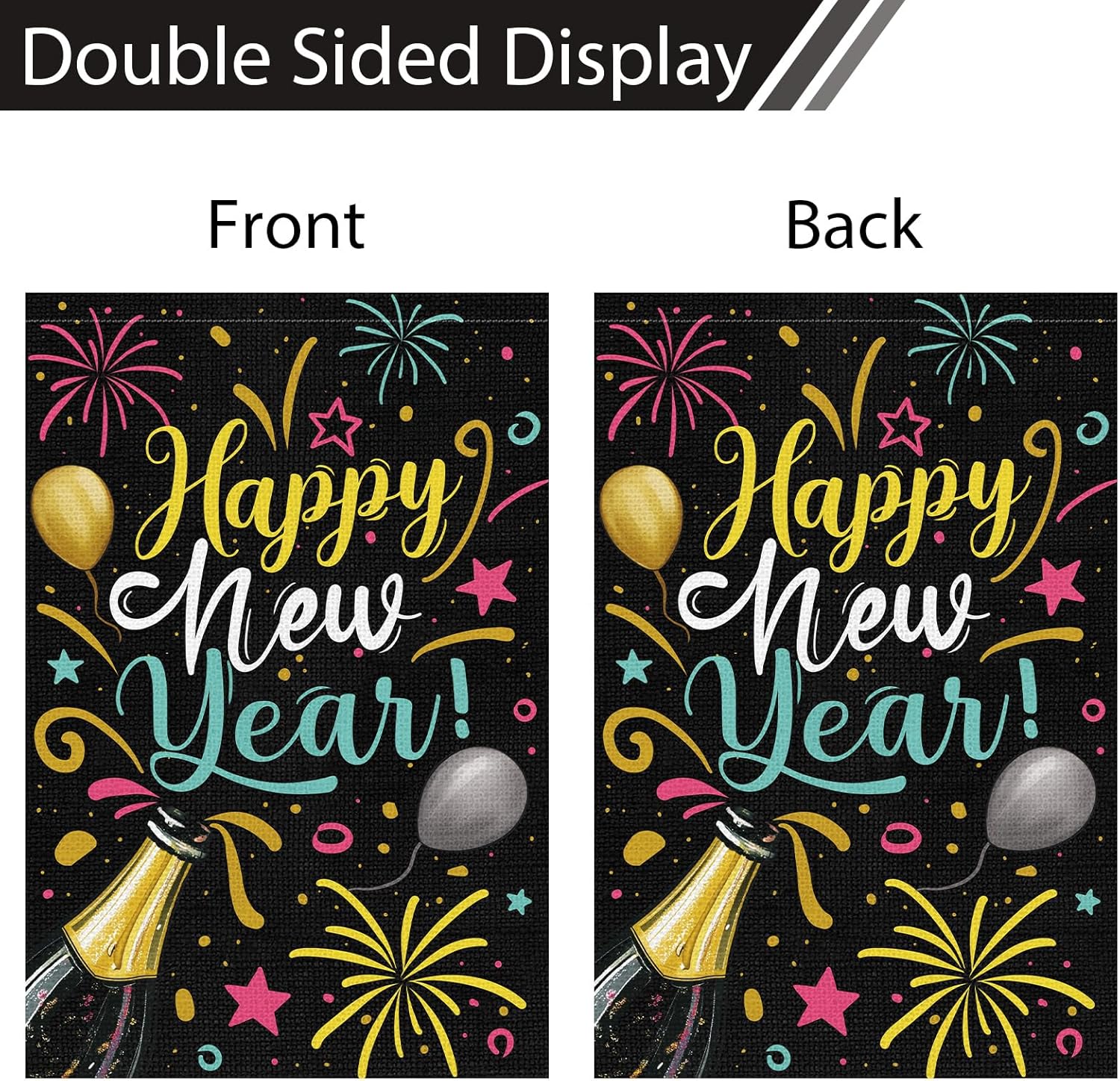 Heyfibro Happy New Year Christmas Firework Garden Flag 12x18 Inch Double Sided Burlap Champagne Balloon Celebration Banner for Winter Holiday Party Yard Outdoor Decoration(ONLY FLAG) - Image 6