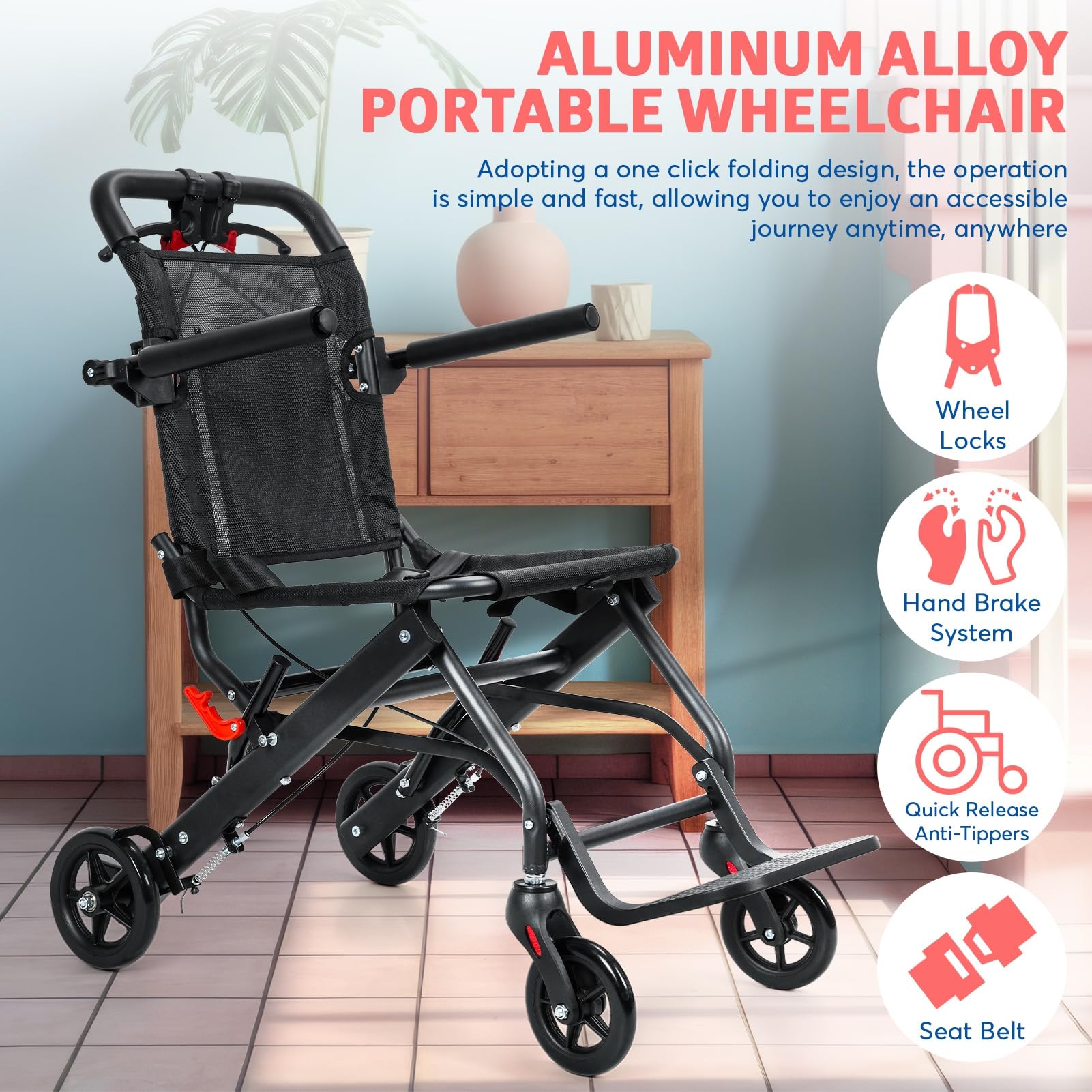 Sillas de ruedas para adultos, silla de transporte plegable ultraligera para personas mayores, silla de ruedas ligera de aleación de aluminio con reposabrazos abatible, silla de ruedas de viaje