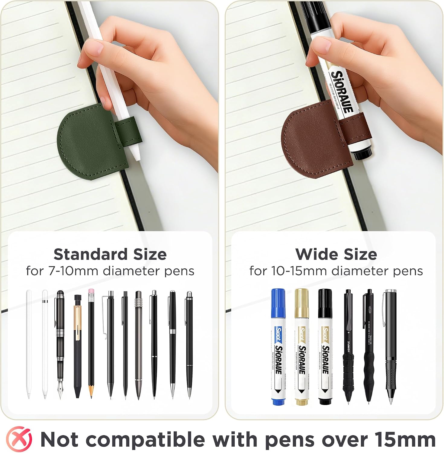 Magnetic Pen Holder for Notebook, Pen Clip for Journal Planner Notebooks, Fits Slim Pens, Soft PU Leather 3 Pack, Standard Size image 3
