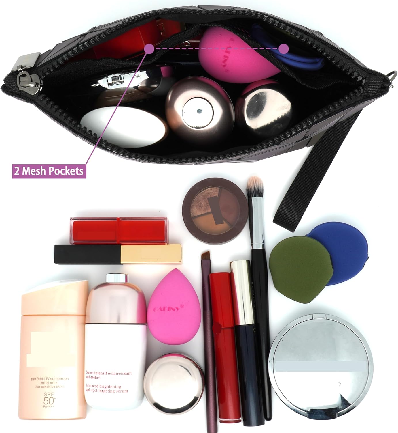 Geometric Women's Backpack Geometries Glow Large Purse Backpack Geometrical Luminous Bag Holographic Travel Bags Retro Daypack for Casual, Cosmetic Bag Set-A - Image 8