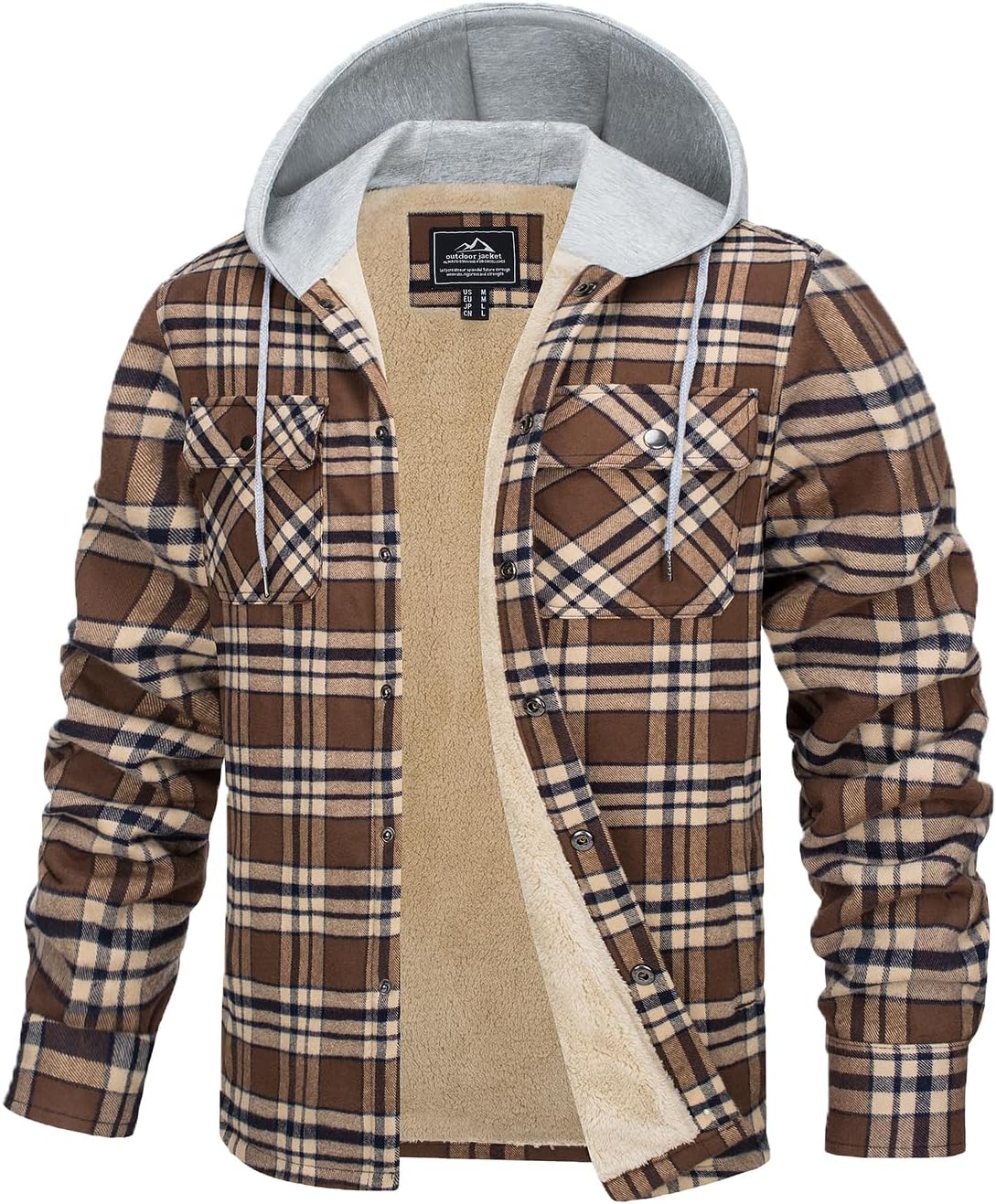 TACVASEN Men's Flannel Jacket with Pockets Shacket Plaid Shirts Fleece Padded shirt Button Down Jackets with Hood