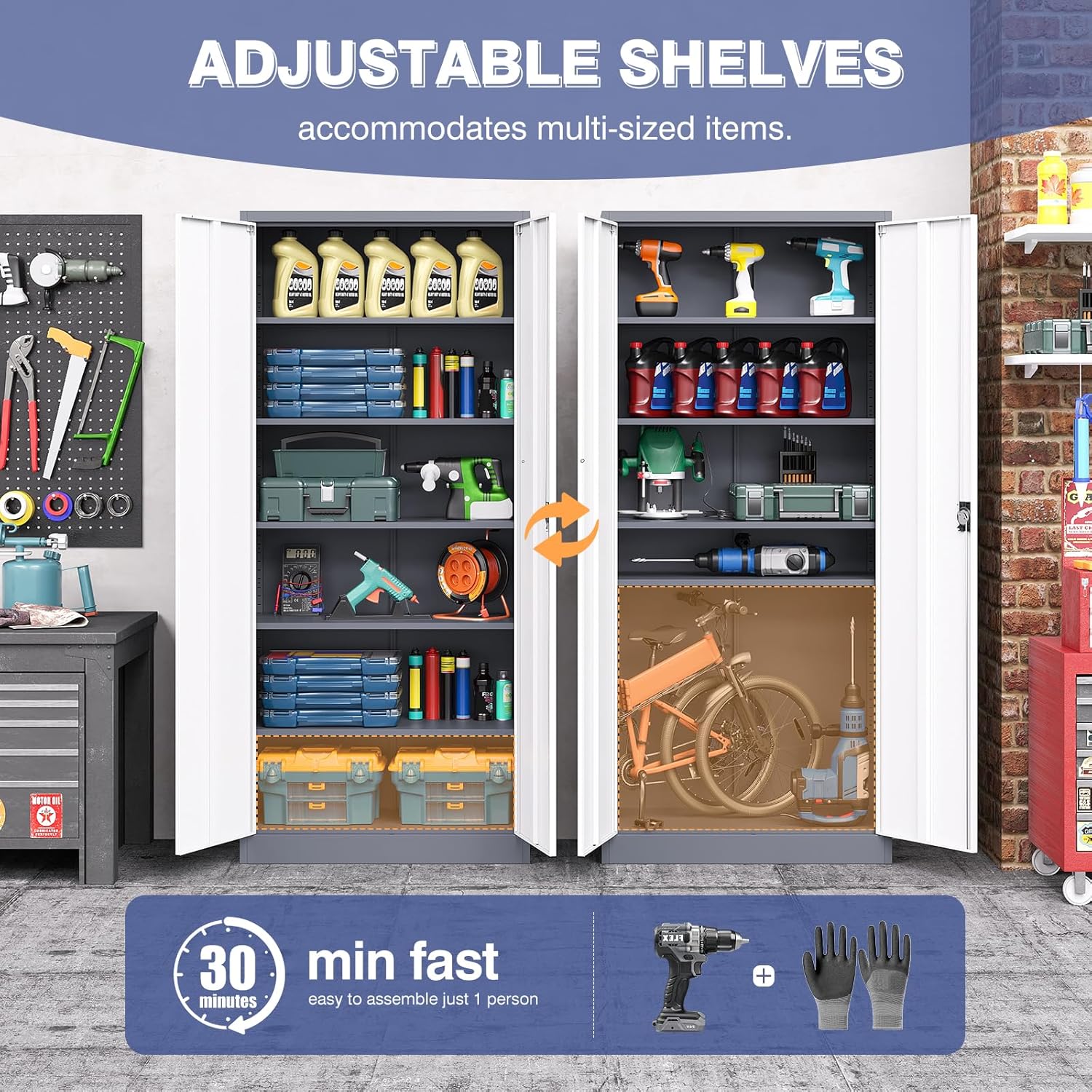 Metal Cabinet,Locking Storage Cabinet with 2 Doors and 5 Adjustbale Shelves,72" Tall Tool Steel Cabinets for Garage,Home Office,School,Gym(Grey & White)