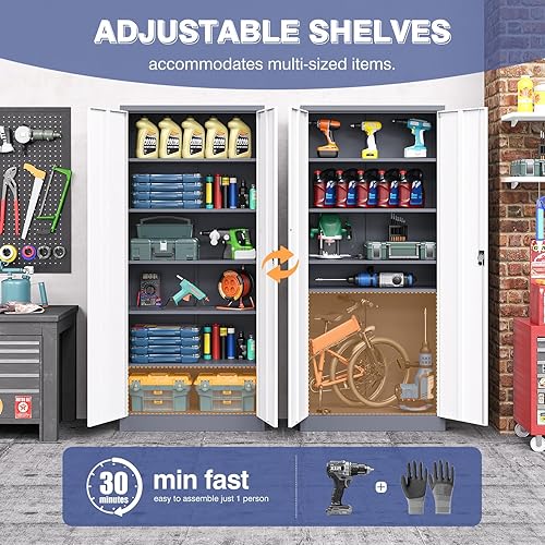 Miniatura 4 de LISSIMO Gabinete de metal, armario de almacenamiento con bloqueo con 2 puertas y 5 estantes ajustables, gabinetes de acero para herramientas de 72