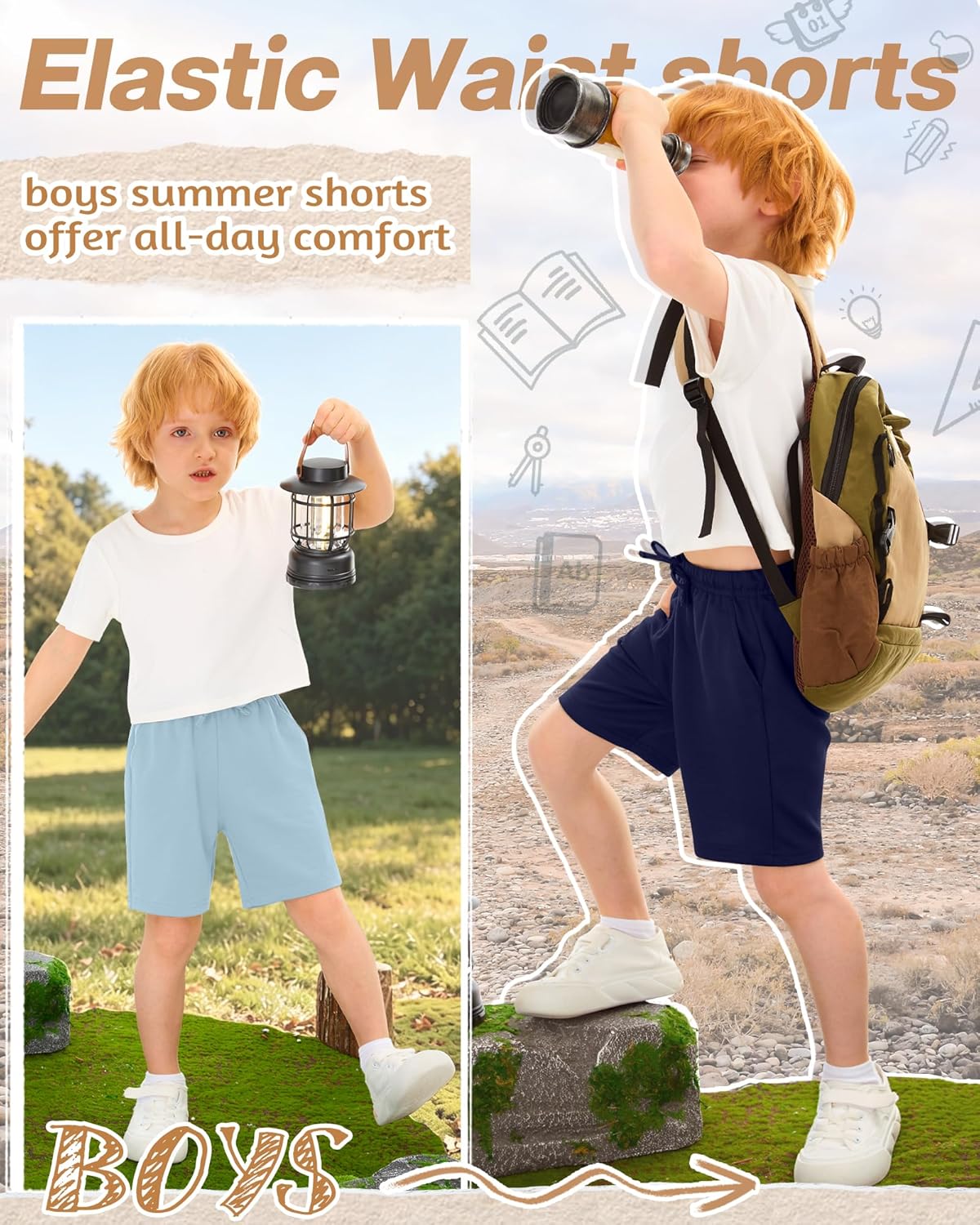 3 Pack Toddler Boys Shorts Drawstring Elastic Waist Summer Casual Sweatshort Kids Soft Athletic Short with Pockets