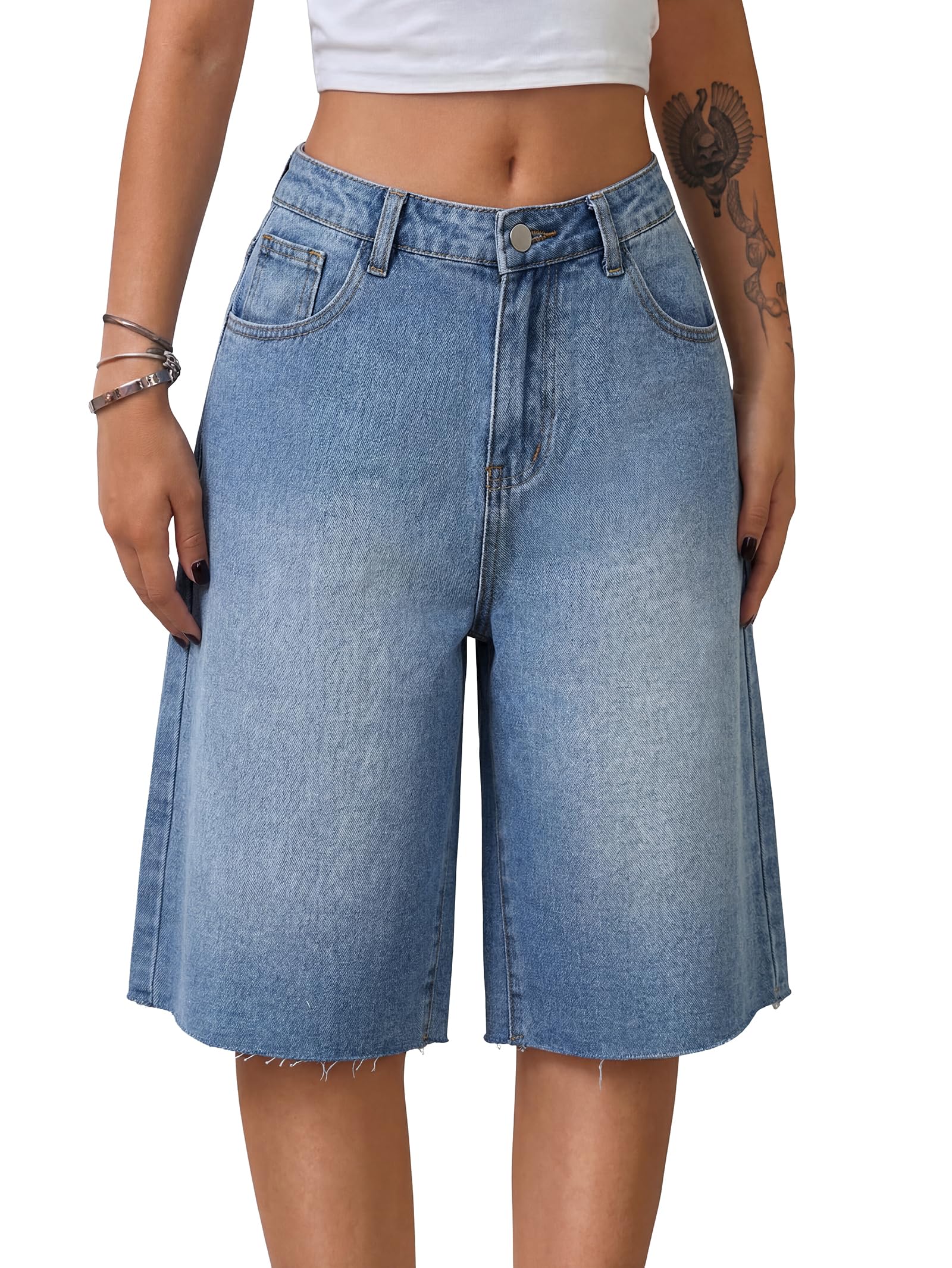 High Waist Straight Leg Denim Shorts - Blue M EMO 