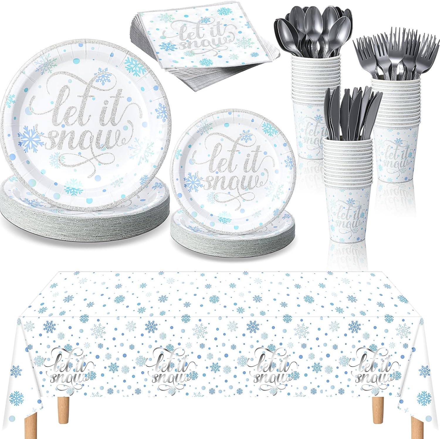 352 Pcs Snowflake Party Tableware Set Disposable Winter Frozen Birthday Party Wonderland Dinnerware Christmas Snowflake Tablecloth Plates Napkins Cups for 50 Guests(Silver)
