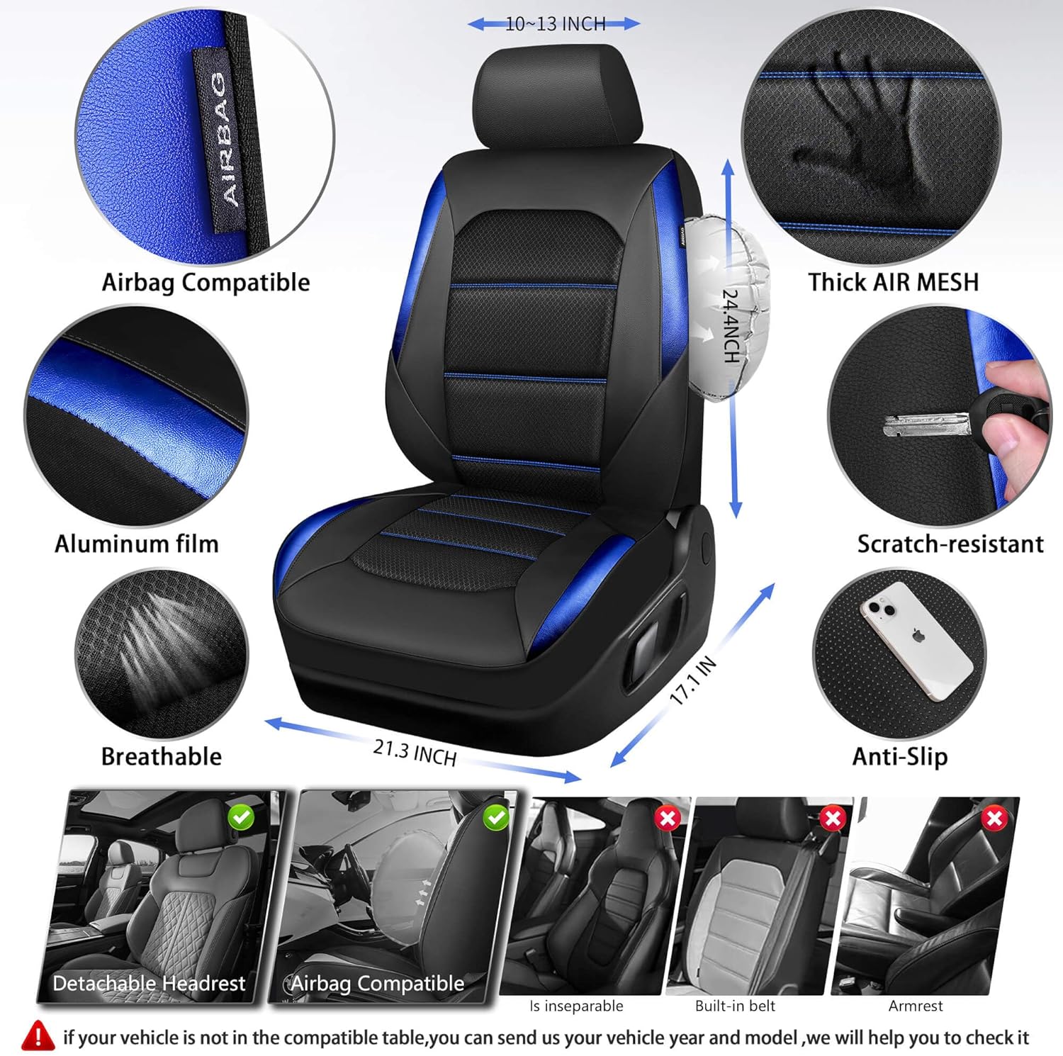 CAR PASS Memory Foam Leather Seat Covers,Air Cool Mesh Thick Car Seat Covers Front Seats Blue Leather Seat Covers for Cars Universal for SUVs Trucks,Airbag Compatible Comfort Durable,Black Blue Metal