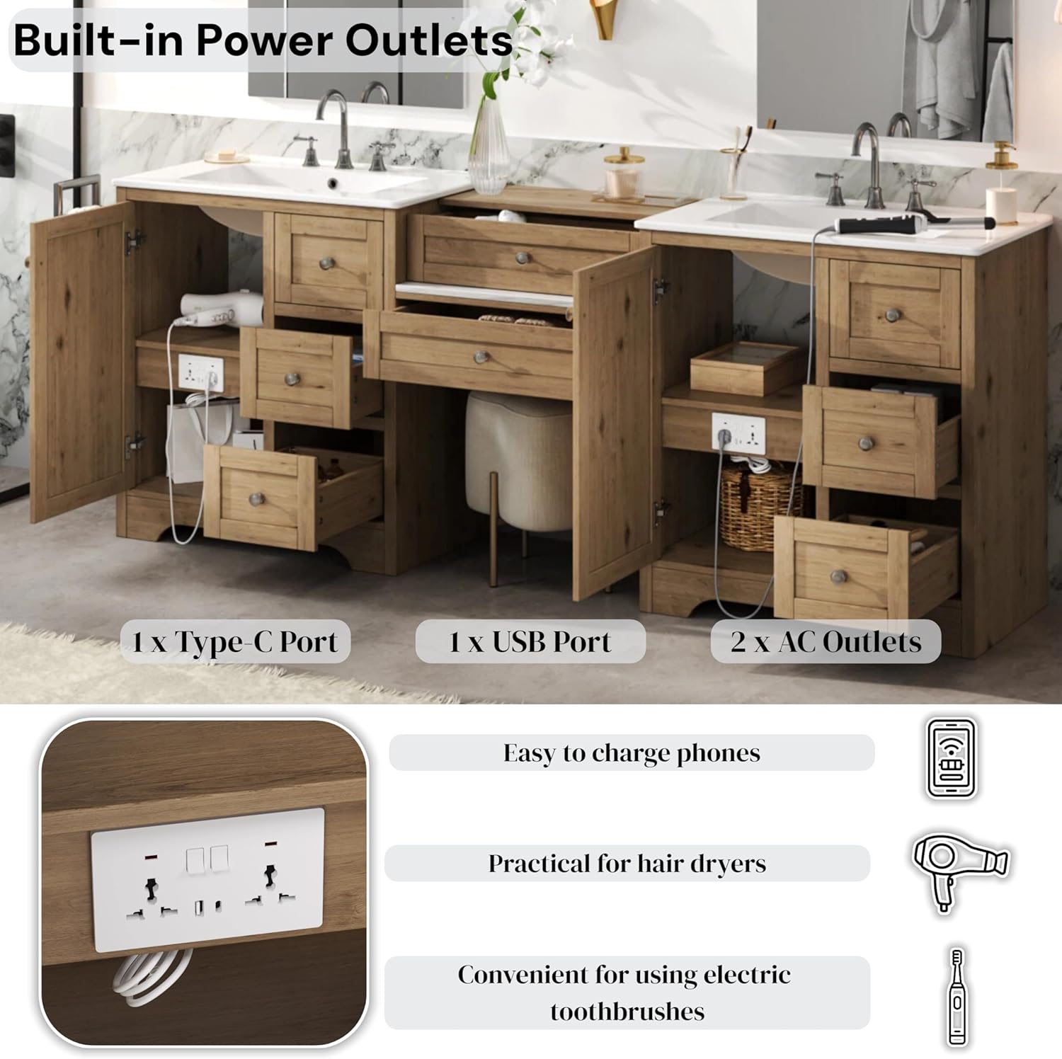 84 Inch Oak Bathroom Vanity with Double Sink & Middle Makeup Countertop(Engineered Stone),Large Bathroom Vanity with 2 Doors,6 Drawers,4 Cabinets with Shelves,Built-In Power Outlets,Curved Base Trim