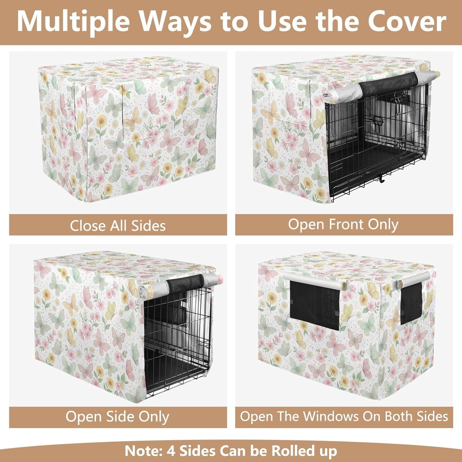 Duty 600D Silver Coated Dog Crate Cover, Water-Resistant Butterfly Print Pet Kennel Canopy with Mesh Windows for Optimal Ventilation, Universal Fit for Standard Wire Cage, Indoor & Travel