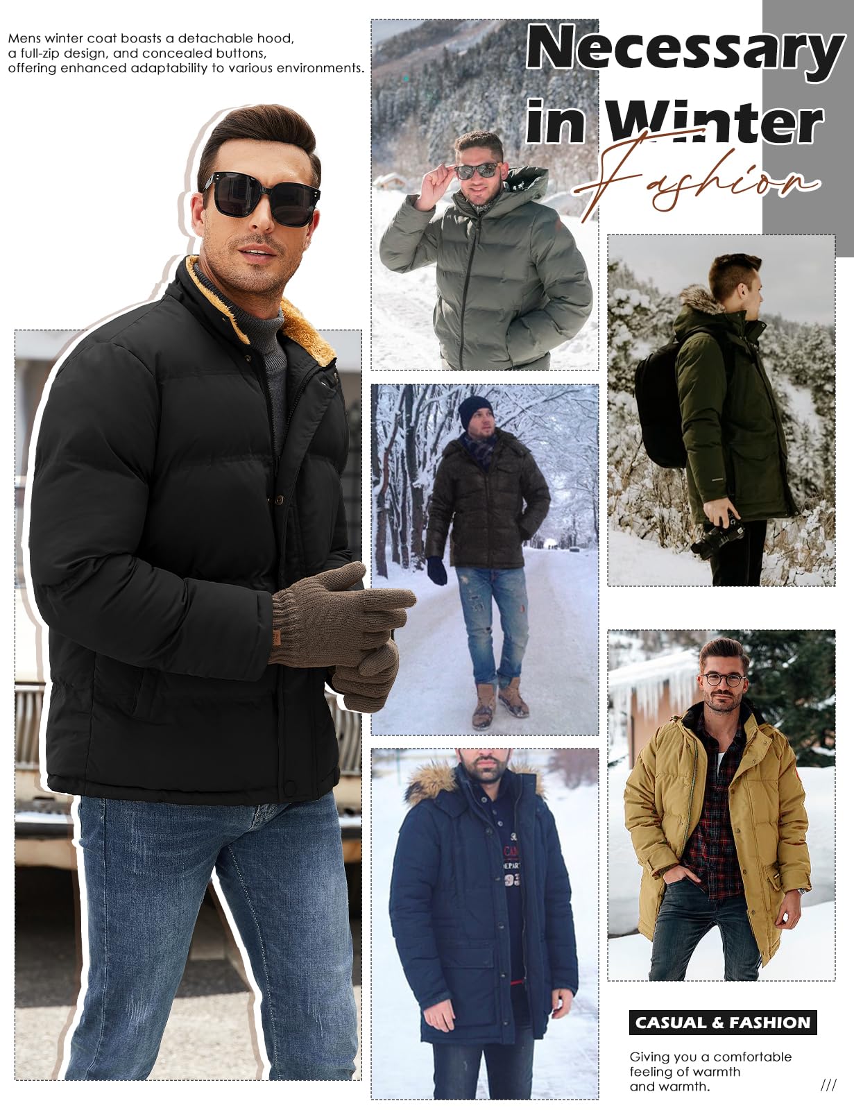 Yuson Girl Abrigo Hombre Invierno Parka Forro Polar Cálido Chaqueta con Cremallera Gruesa Termal Cazadora Abrigos Desmontable Prueba de Viento Acolchado de Algodón Abrigo con Capucha