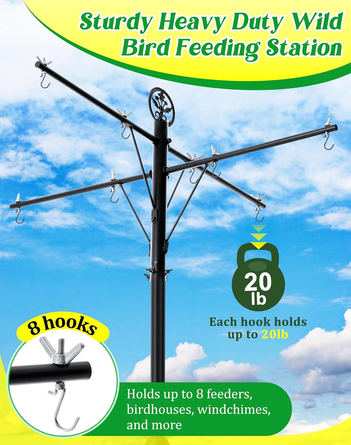 95 Inch Bird Feeder Pole with Torpedo Squirrel Proof Baffle, Heavy Duty Steel Squirrel Proof Pole System with Hanging Stations, Ideal for Holding 8 Feeders, Wind Chimes, Plants