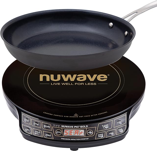 Nuwave Gold Precision Induction Cooktop, Portable, Powerful Large 8 Heating Coil, 12 Shatter-Proof, Heat-Resistant Ceramic Glass Surface, 10.5 Duralon Healthy Ceramic Non-Stick Fry Pan Included