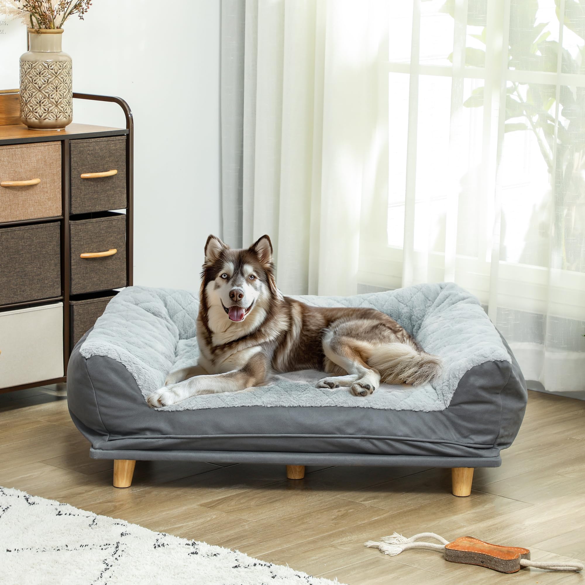 PawHut Canapé pour Chien Fauteuil Chien Housse Amovible Lavable Pieds Bois Pin Patins Antidérapants 100 x 70 x 30 cm Gris