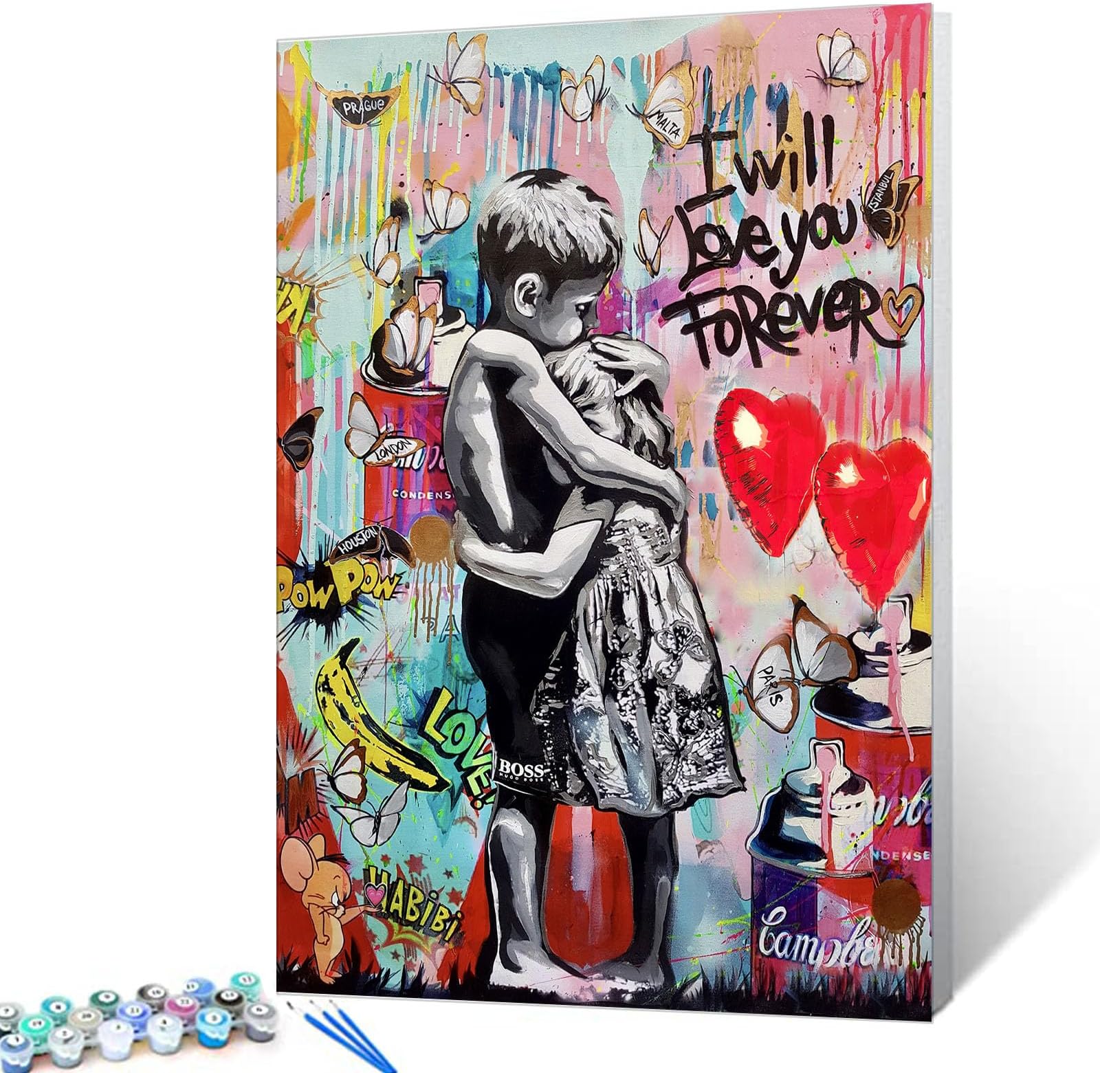 Painting by Numbers Banksy Graffiti Pictures Little Boy and Girl Street Paintings Colorful Pop Wall Art DIY Oil Painting Kits on Canvas with Brushes and Acrylic Pigment 16x20inch (Frameless)