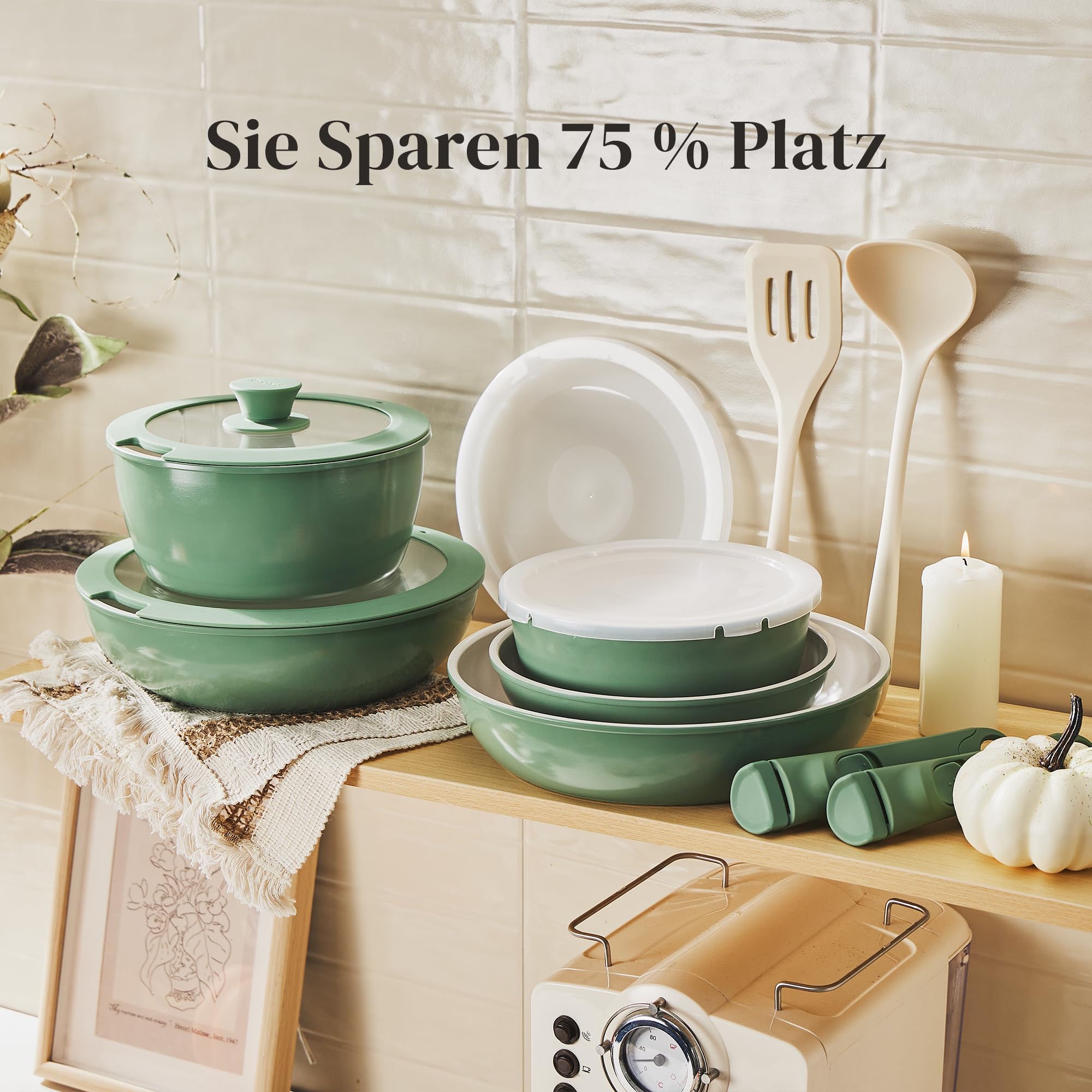 Redchef Set di pentole da 16 pezzi, antiaderente in ceramica, con manico rimovibile, padella da 20/26 cm, padella da 26 cm, pentola da 18/20 cm, impilabile per tutti i piani cottura, adatto al forno