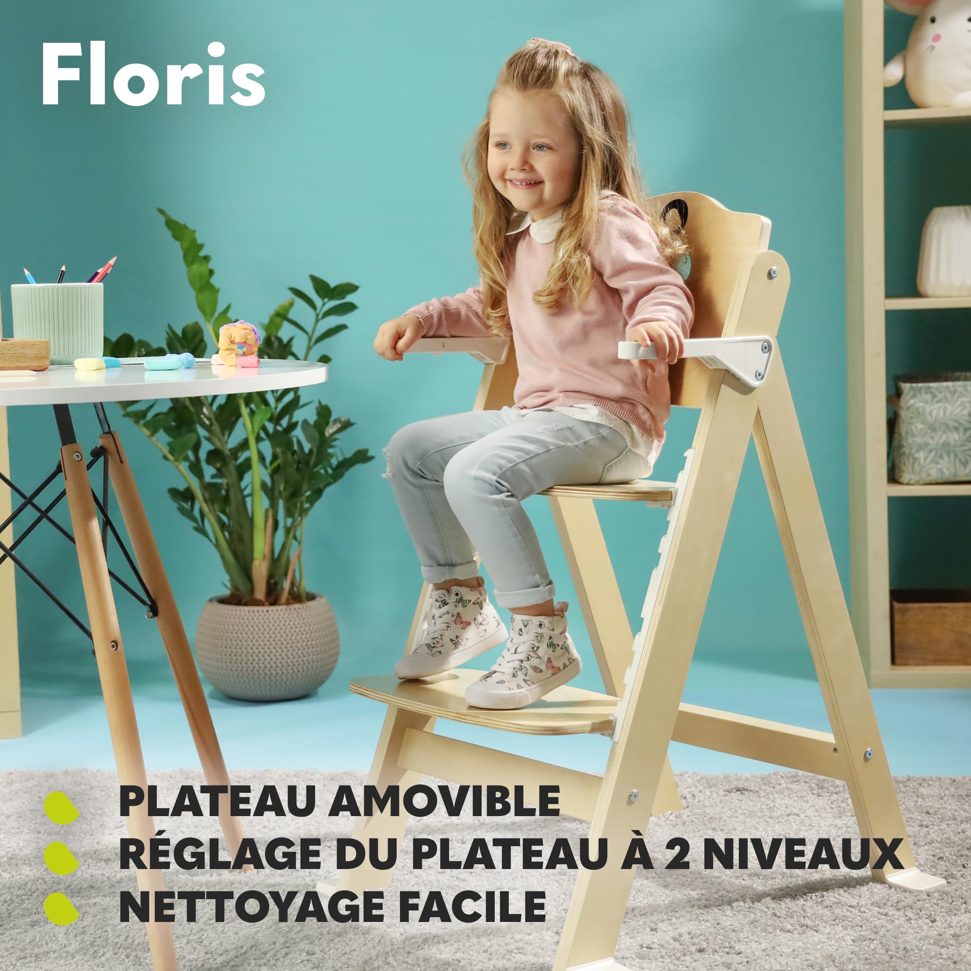 LIONELO Floris chaise haute bébé en bois 3 en 1, plateau amovible, de 6 à 36 mois, ceintures de sécurité à 5 points, capacité de charge jusqu'à 15 kg / 40 kg (NATURAL)
