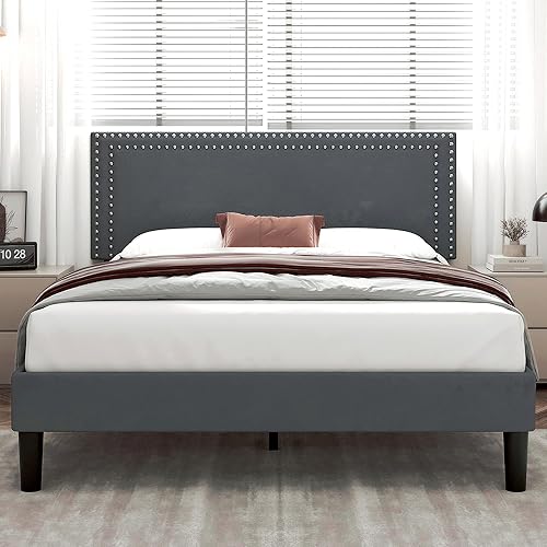 Miniatura 38 de VECELO Base de cama de tamaño matrimonial con cabecera tapizada ajustable, plataforma de listones de madera, diseño sin ruido, fácil montaje Negro