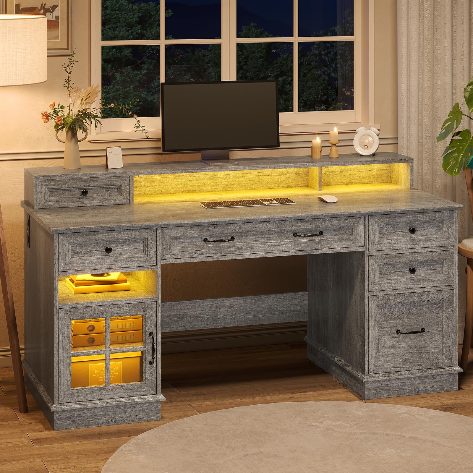 HAUOMS Farmhouse Executive Desk with Drawers Computer Desk with File Drawers, Power Outlet and Led Lights, Executive Office Desk with Storage Cabinet and Monitor Shelf for Home Office,: Grey
