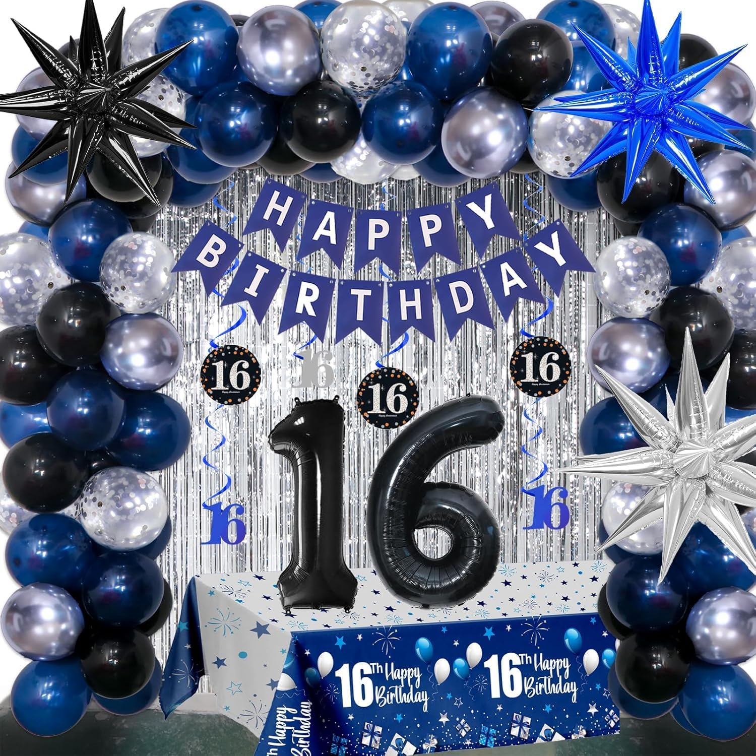 16th Birthday Decorations for Boys and Girls Dark Blue, HAPPY BIRTHDAY Banner Black Number 16 Balloons Tablecloth Foil Backdrop Star Balloons Garland Arch Kit-16 Years Old Birthday Party Supplies