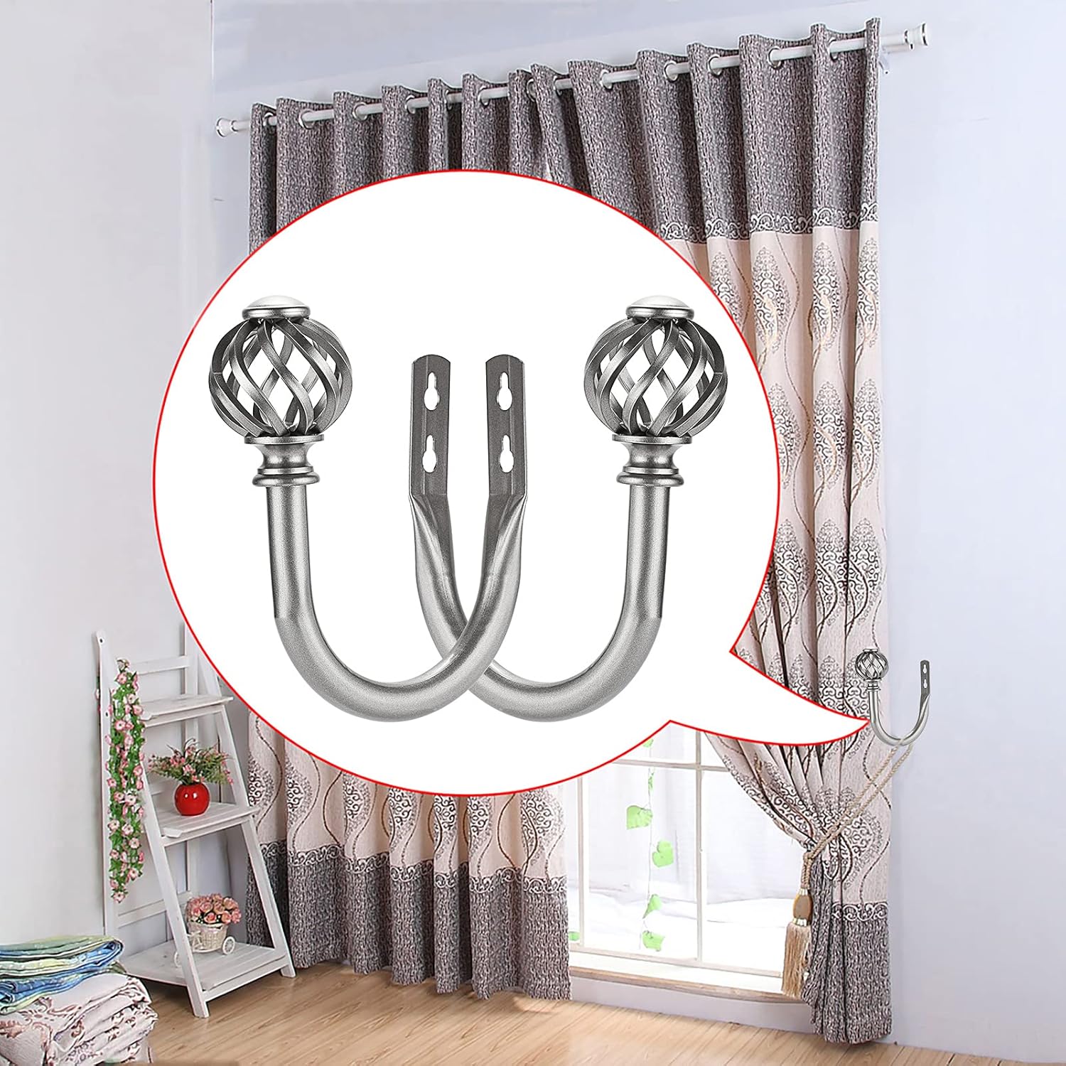 Sumnacon 2Pcs Metal Nest Curtain Holdbacks - Wall Mounted Drapery Tiebacks with Screws, Decorative Curtain Holders for Bedroom Livingroom Office Home Decor, Grey thumbnail