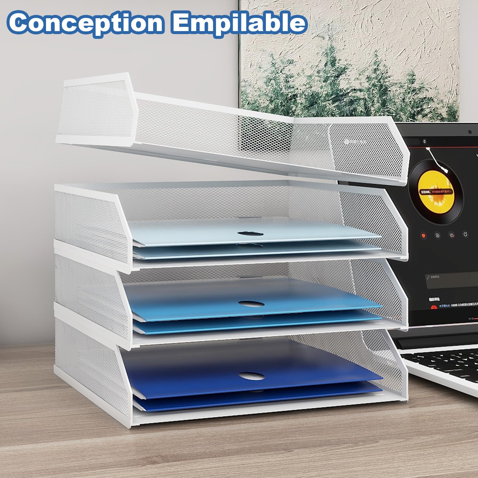 PUNCIA Corbeilles à Courrier Métallique 4 Niveaux Organiseur de Bureau Rangement Documents Blanc