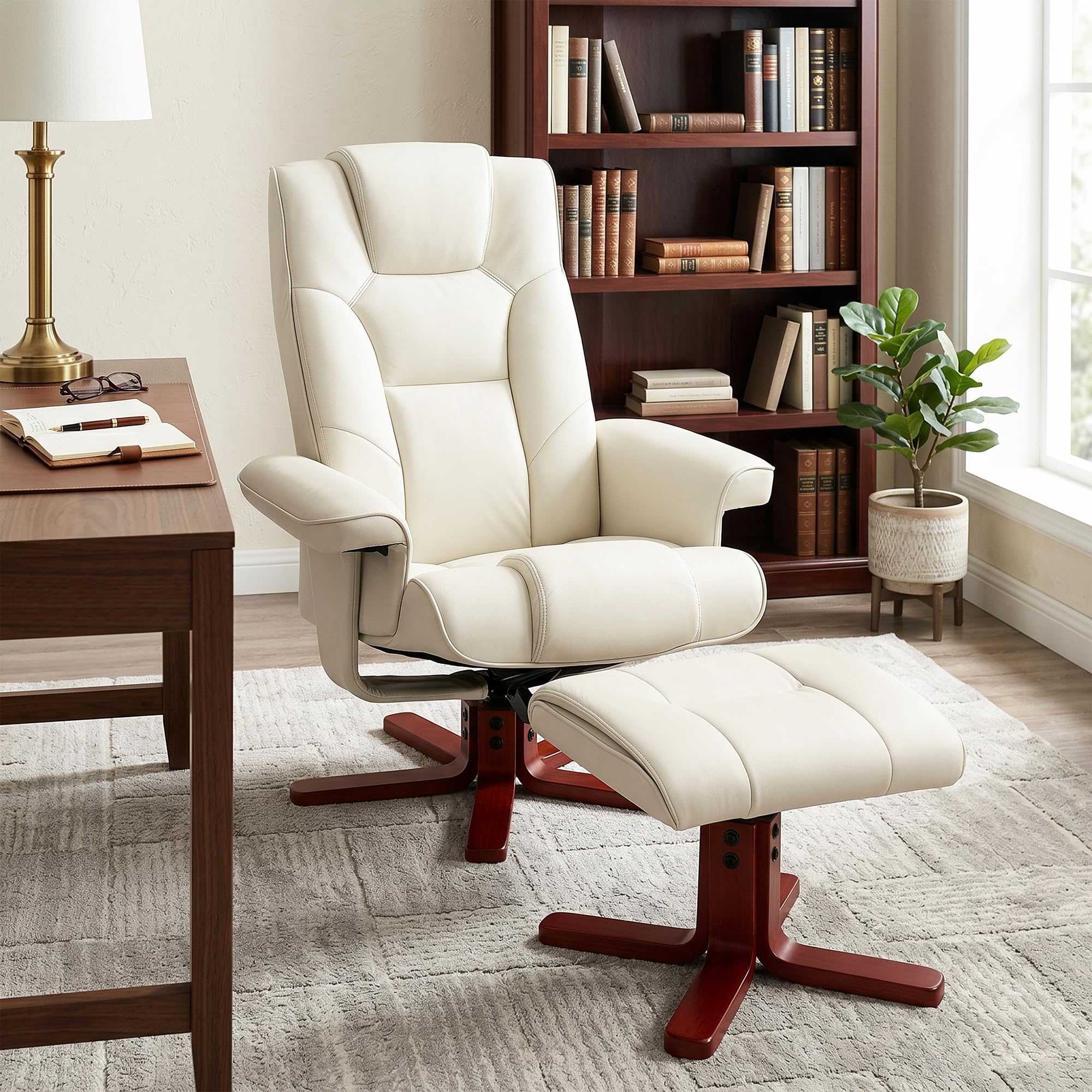 HOMCOM Sillón Reclinable con Reposapiés Sillón de Salón 150 kg Crema | Tapizado en PU, Estructura de Madera, Butaca para Dormitorio Sala de Estar