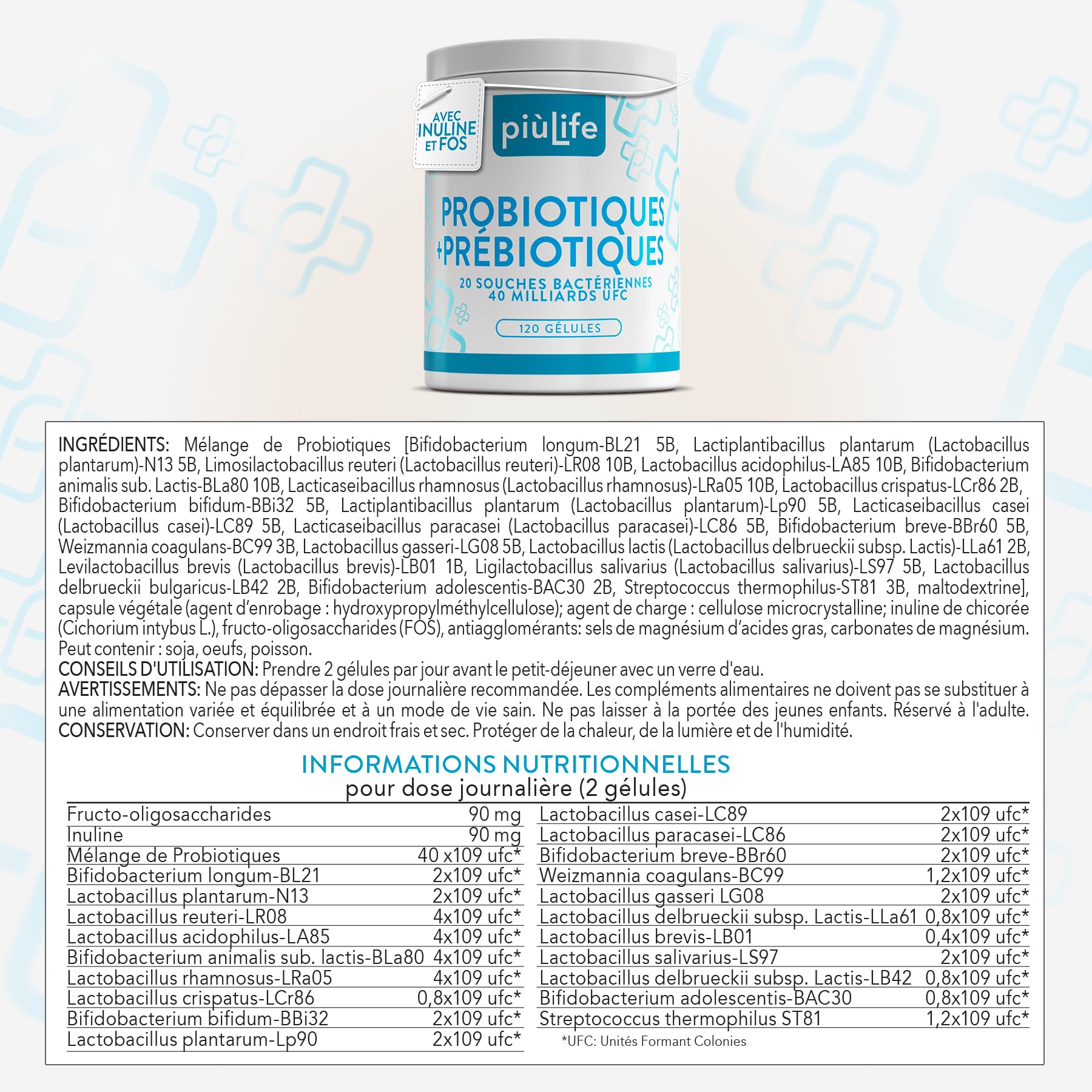 Probiotique Flore Intestinale Avec Prebiotiques 120 Gélules PiùLife, 40 Milliards UFC Dose, 20 Souches, Microbiote Intestinal, Bifidobacterium Et Lactobacillus, Ballonements Intestinaux Et Gaz, Colon