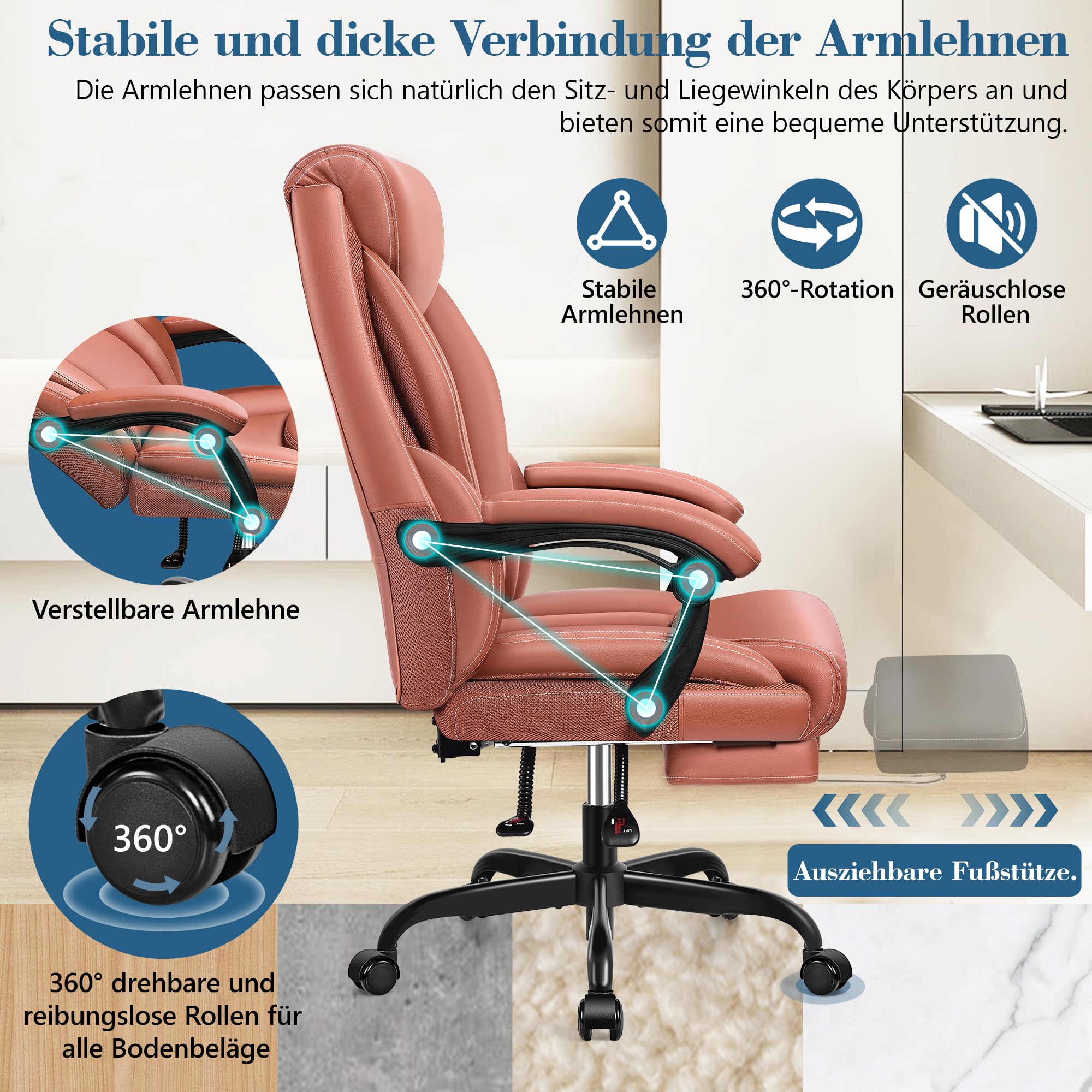 FelixKing Sedia da ufficio ergonomica in pelle PU, schienale alto, sedia da computer inclinabile con poggiapiedi, supporto lombare, regolabile in altezza (marrone opaco)